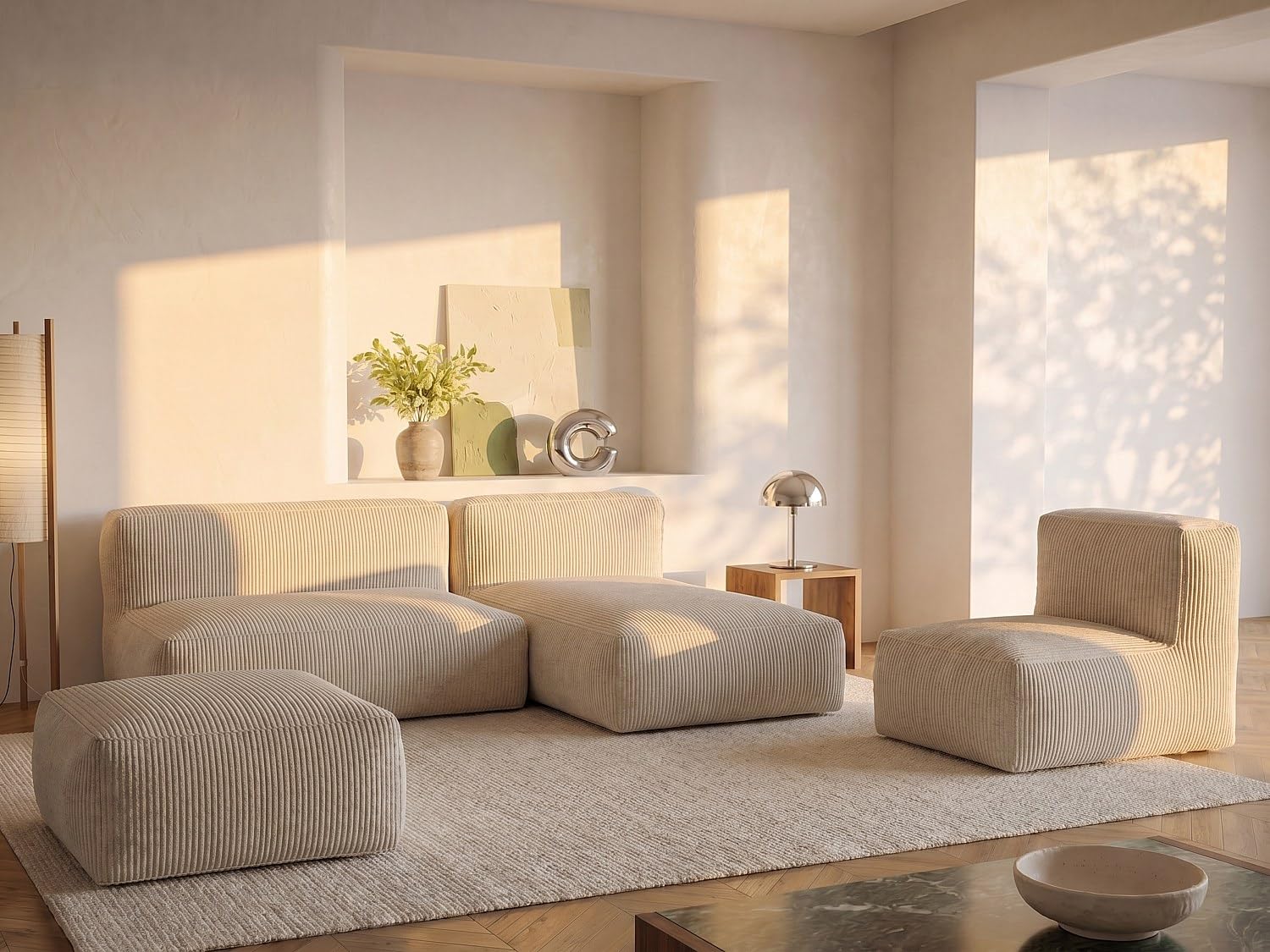 Vente-unique - Pouf en Velours côtelé Beige NOUMARA