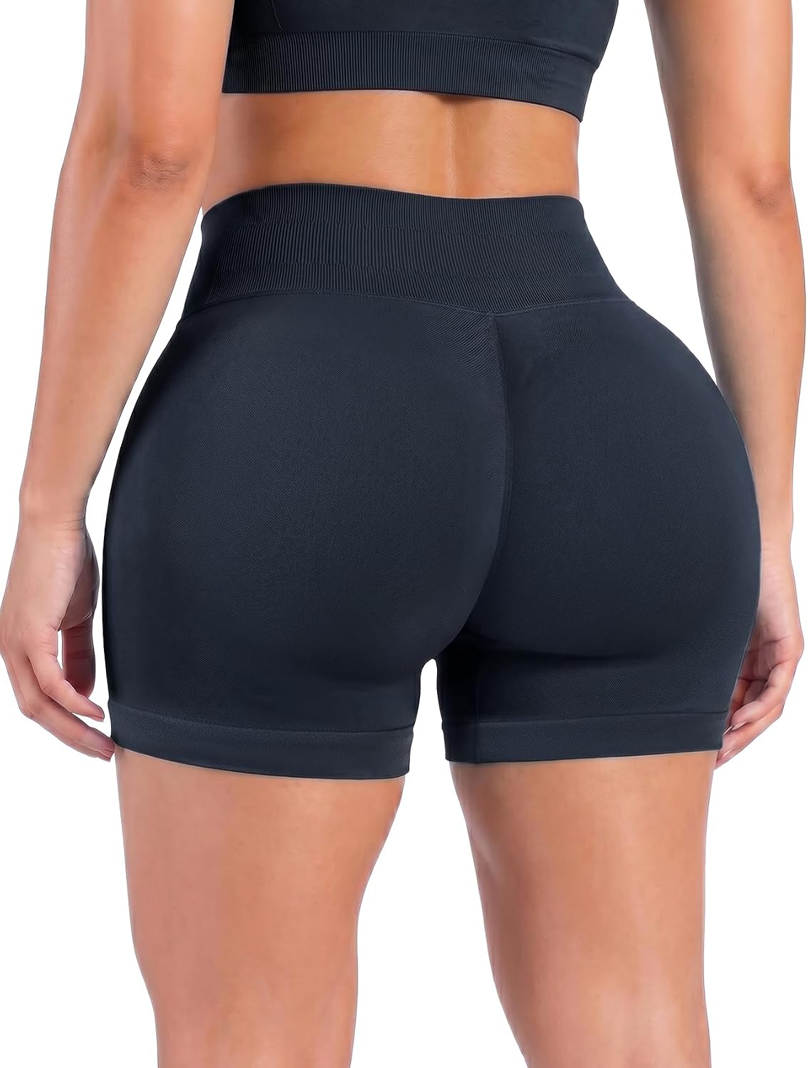 RIOJOY Womens Workout Shorts 4" Seamless High Waisted Scrunch Sports Yoga Fitted Short Tummy Control Running Biker Athletic No Front Seam Pants Soft Lightweight Booty Leggings Navy Blue L