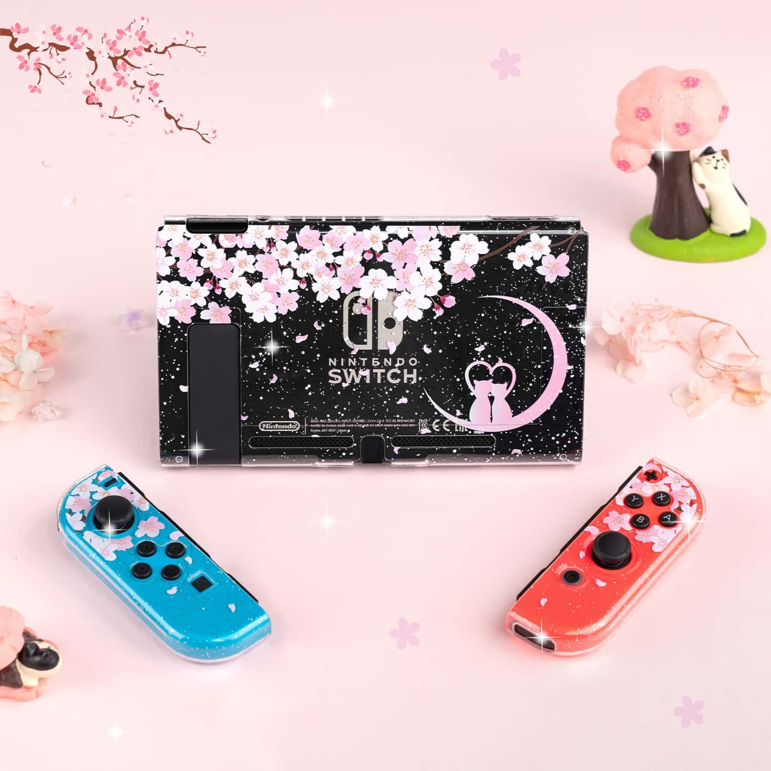BelugaDesign Sakura Moon Cat Glitter Case | Dockable Crystal Clear Pink Anime Snap Shell Protective Cover | Compatible with Nintendo Switch Standard