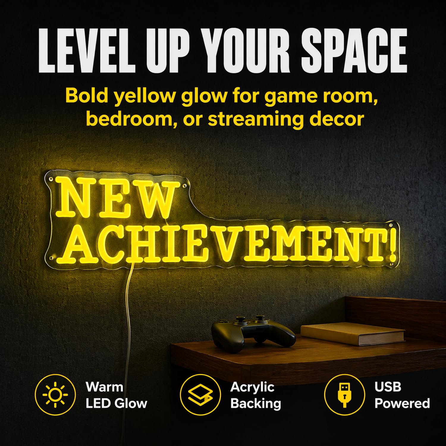 Targa al neon con scritta "NEW ACHIEVEMENT!", 45 x 15,2 cm, decorazione da parete a LED gialla, con retro in acrilico, alimentata tramite USB, per la stanza dei videogiochi, per la camera da letto e