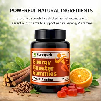HERBOGANIC Energy Booster Gummies Daily Energy & Focus Support Multivitamin & Herbal Extract Blend Vegan Friendly 60 Gummies