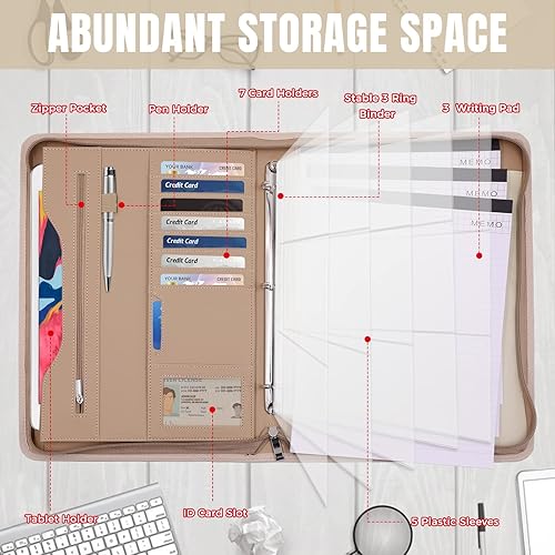 Miniatura 2 de Sbrinnaliao Carpeta organizadora de portafolios de 3 anillas, carpeta de piel sintética, agenda de negocios, cuaderno con cremallera para