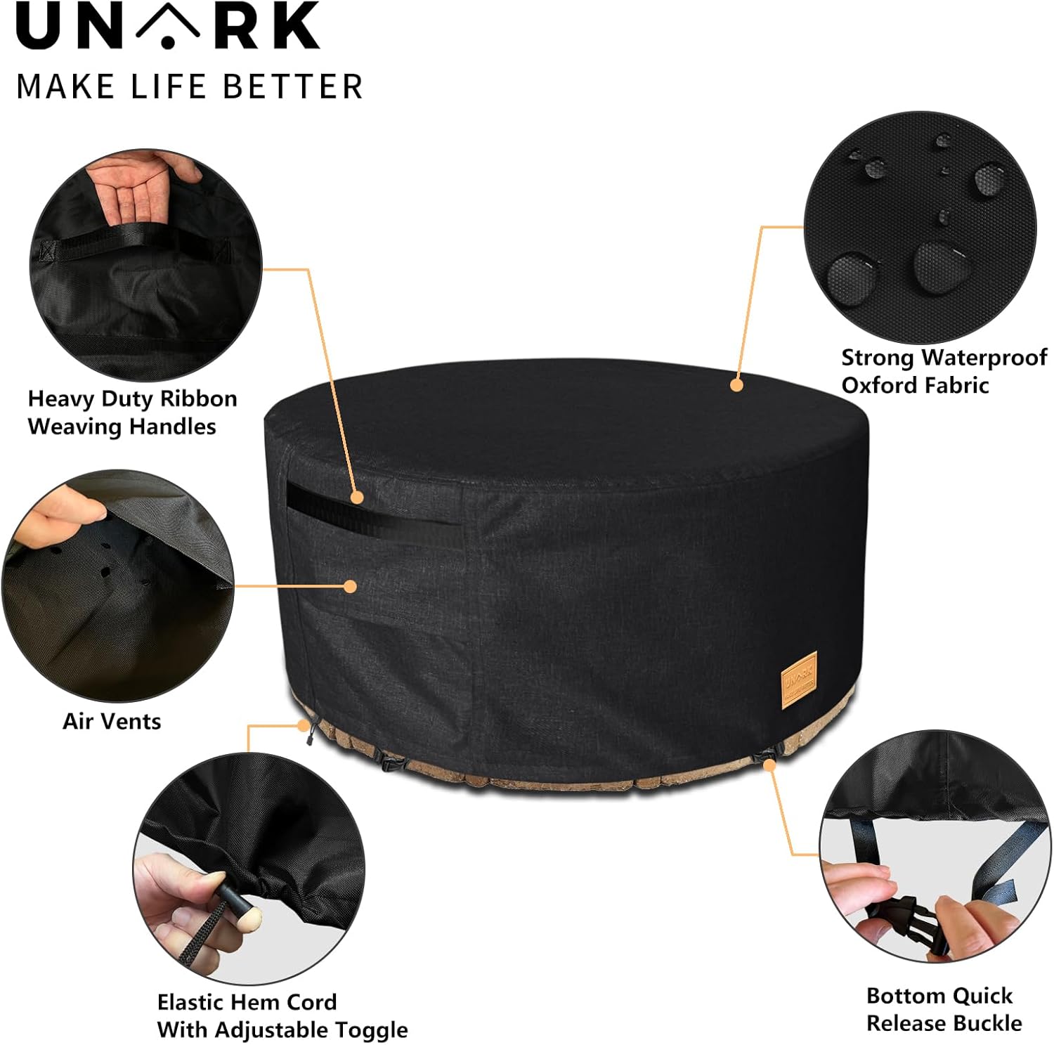 Fire Pit Cover Round 60 inch,Waterproof 600D Heavy Duty Patio Fire Pit Cover,Outdoor Round Gas Fire Pit/Table Cover,60” Dia X 24”H,Black