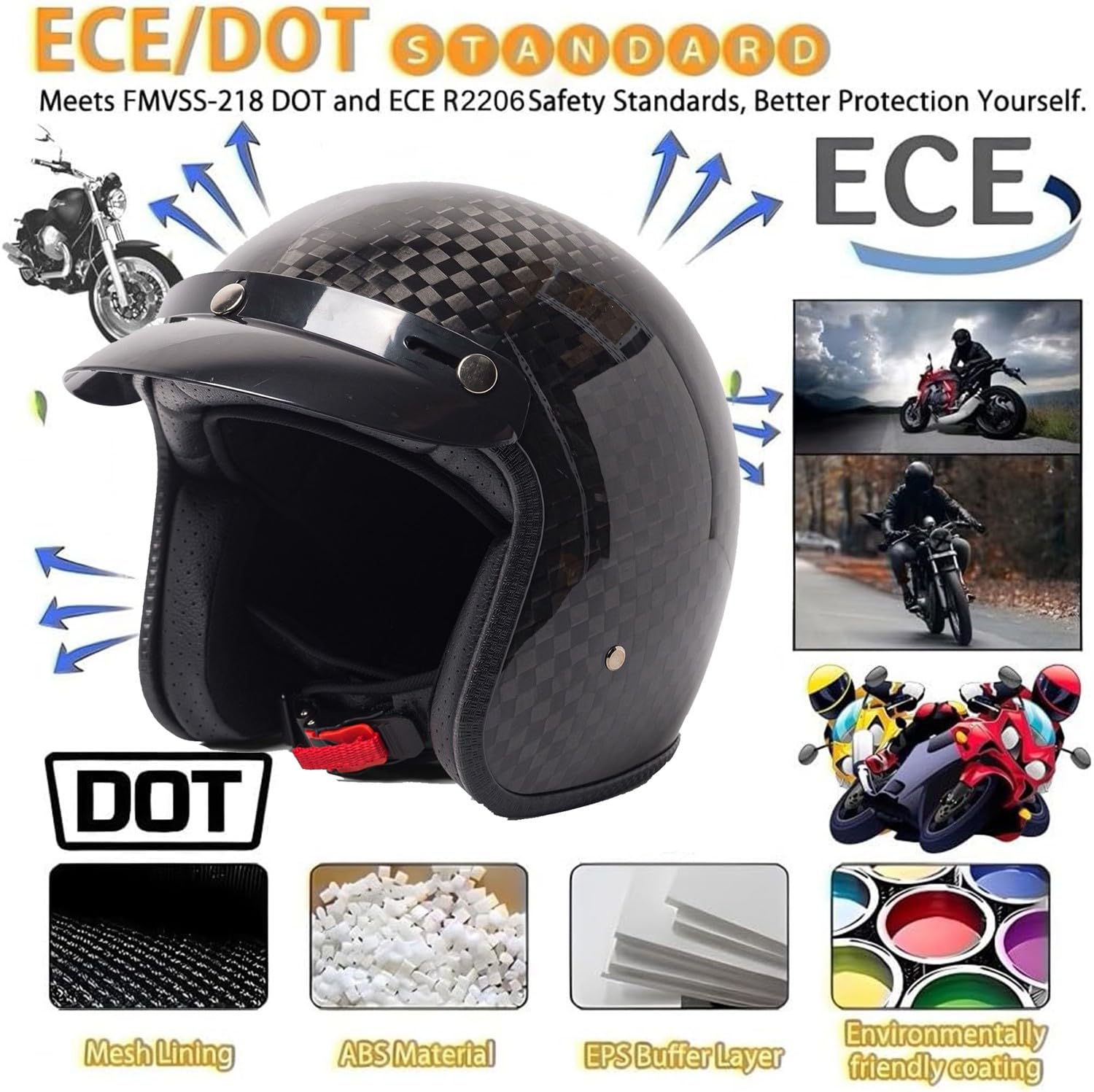 Casque Jet Moto Vintage Casques Bols Mobylette Homologué ECEDOT Demi Casque Ouvert Fibre De Carbone pour Adultes Hommes Femmes Convient À Toutes Les Saisons Casques Portable