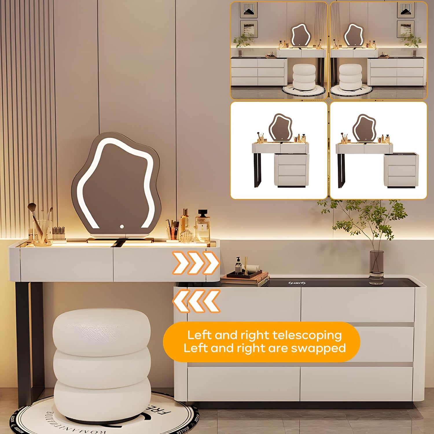 LUTHXAY Vanity Desk with expandable side cabinet showing left and right configurations