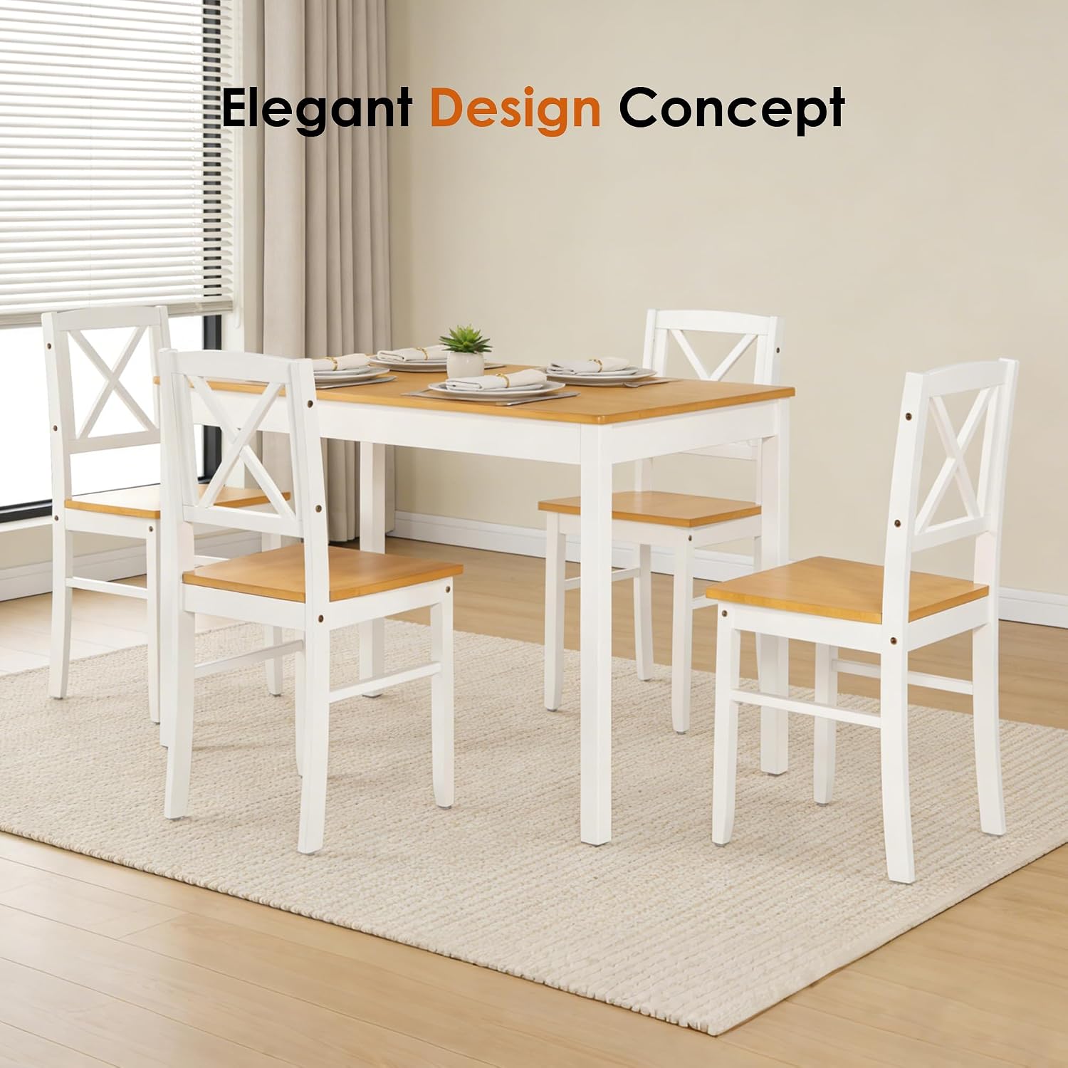 5-Piece Solid Wood Dining Set with 4 Chairs – Natural White