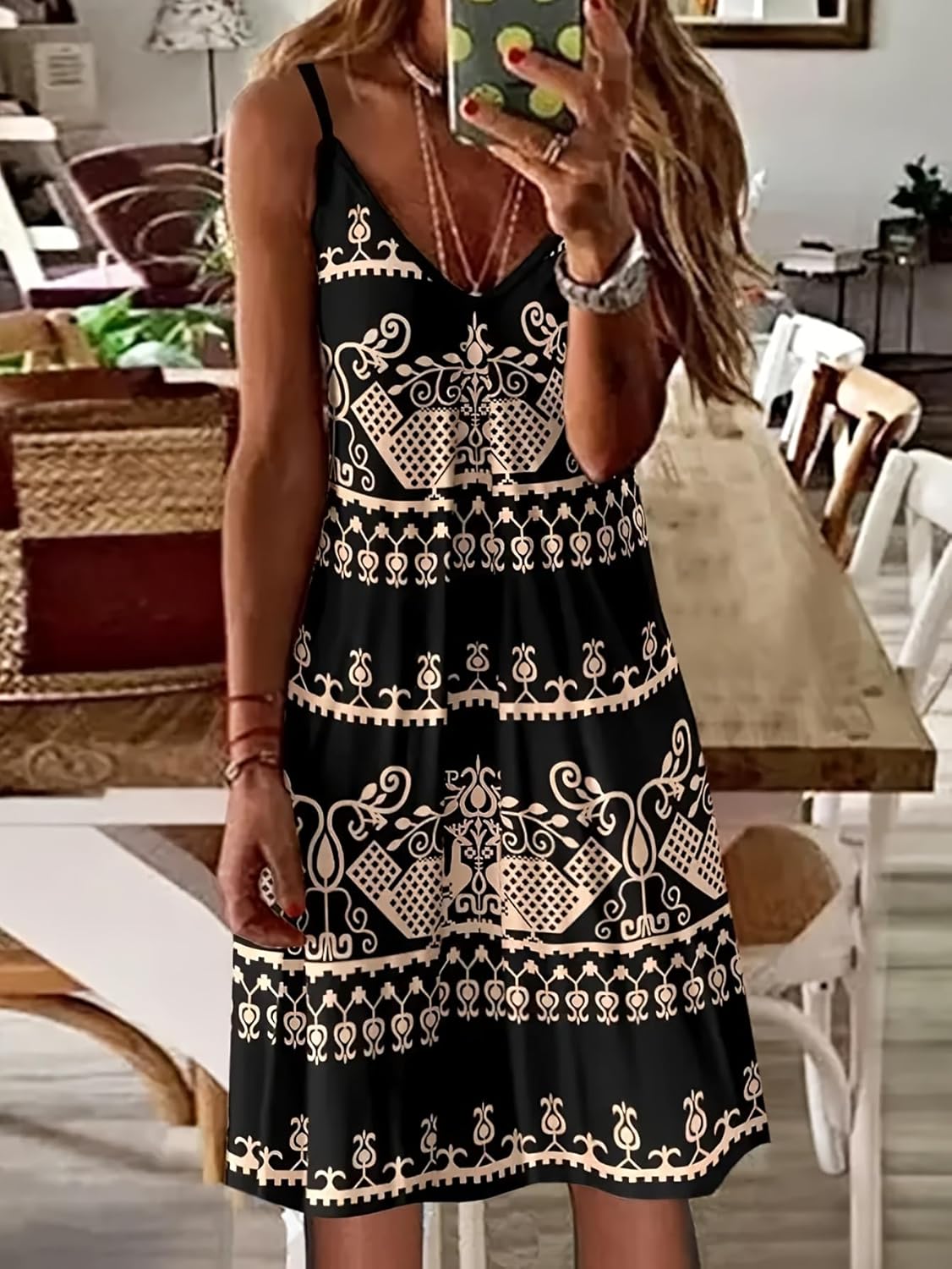 Women's Retro Ethnic Geometric Print V-Neck Spaghetti Strap Midi Dress, Loose Casual Dress