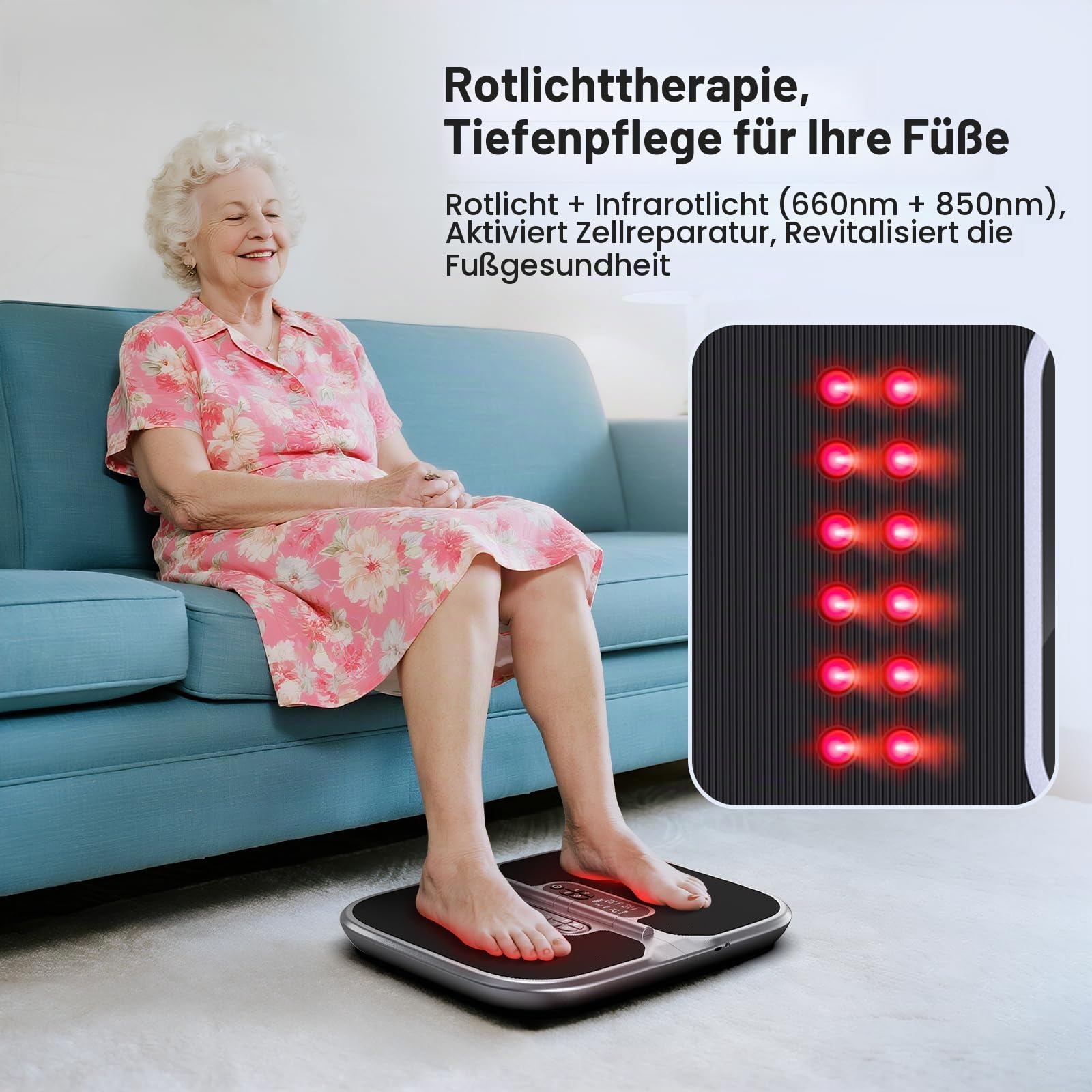 Medic Durchblutungs-Stimulator Beine & Füße mit Rotlichttherapie(660+850NM), EMS Fußmassagegerät mit Doppelter Physiotherapie, Mit magnetischem Fernbedienung und beiliegender Tragetasche