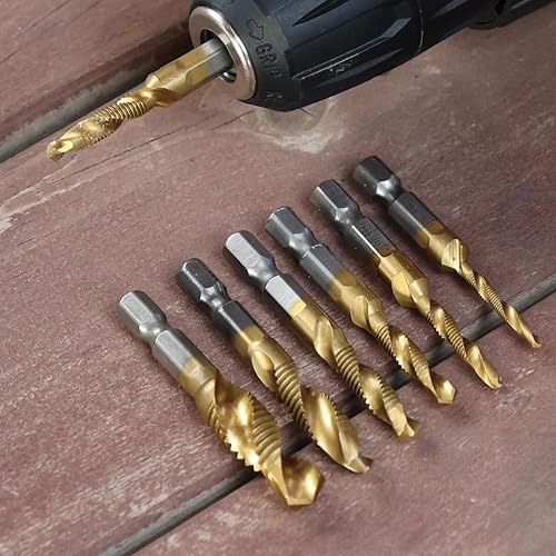 Miniatura 8 de Juego de 6 brocas avellanadas HSS, combinación de taladro y broca de grifo con revestimiento de titanio, puntas hexagonales en espiral, tamaños