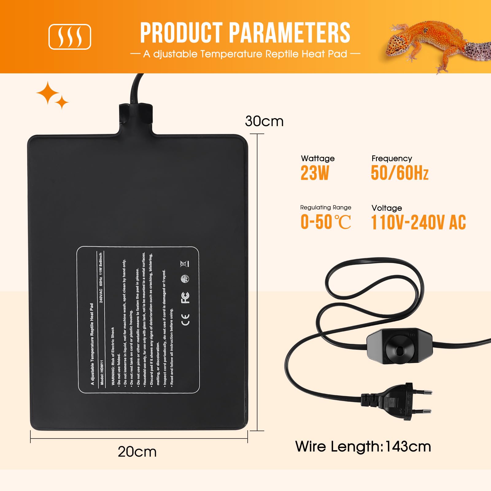 SWAWIS 23W Tappetino Riscaldante Rettili, Termoforo per Rettili Regolabile Temperatura per Tartaruga Serpente Lucertola Geco Ragno Insetto, 0-50 ℃ Tappetino di Terrario (20x30cm)