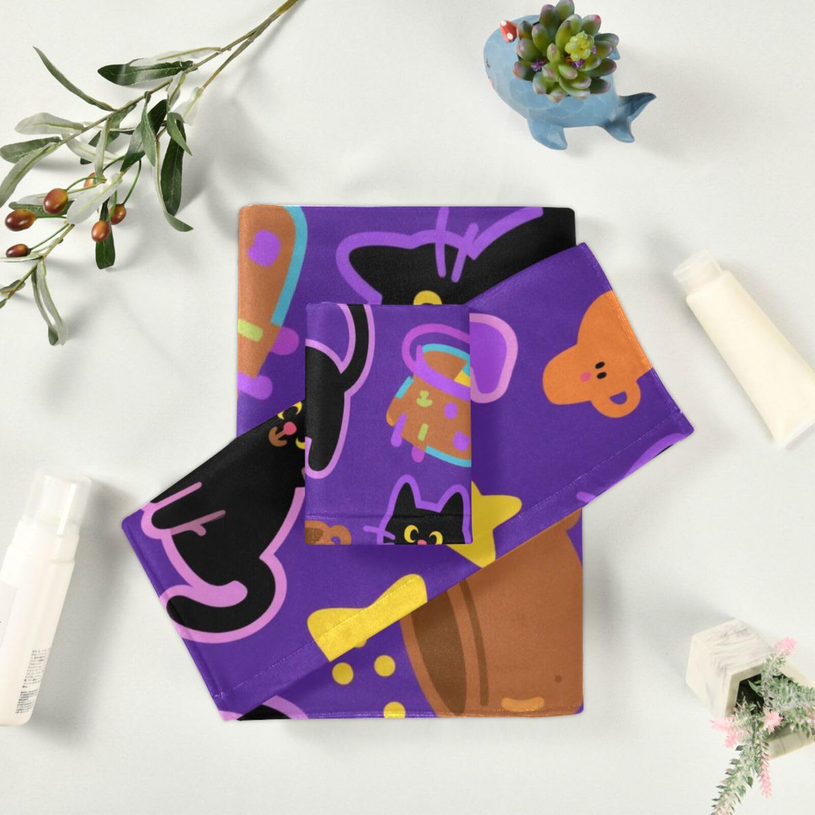 Pomarańczowa dynia Halloween czarny kot mikrofibra ręczniki do twarzy zestaw 3 sztuk, 1 ręcznik kąpielowy 1 ręcznik do rąk 1 myjka do domu kuchni rodziny