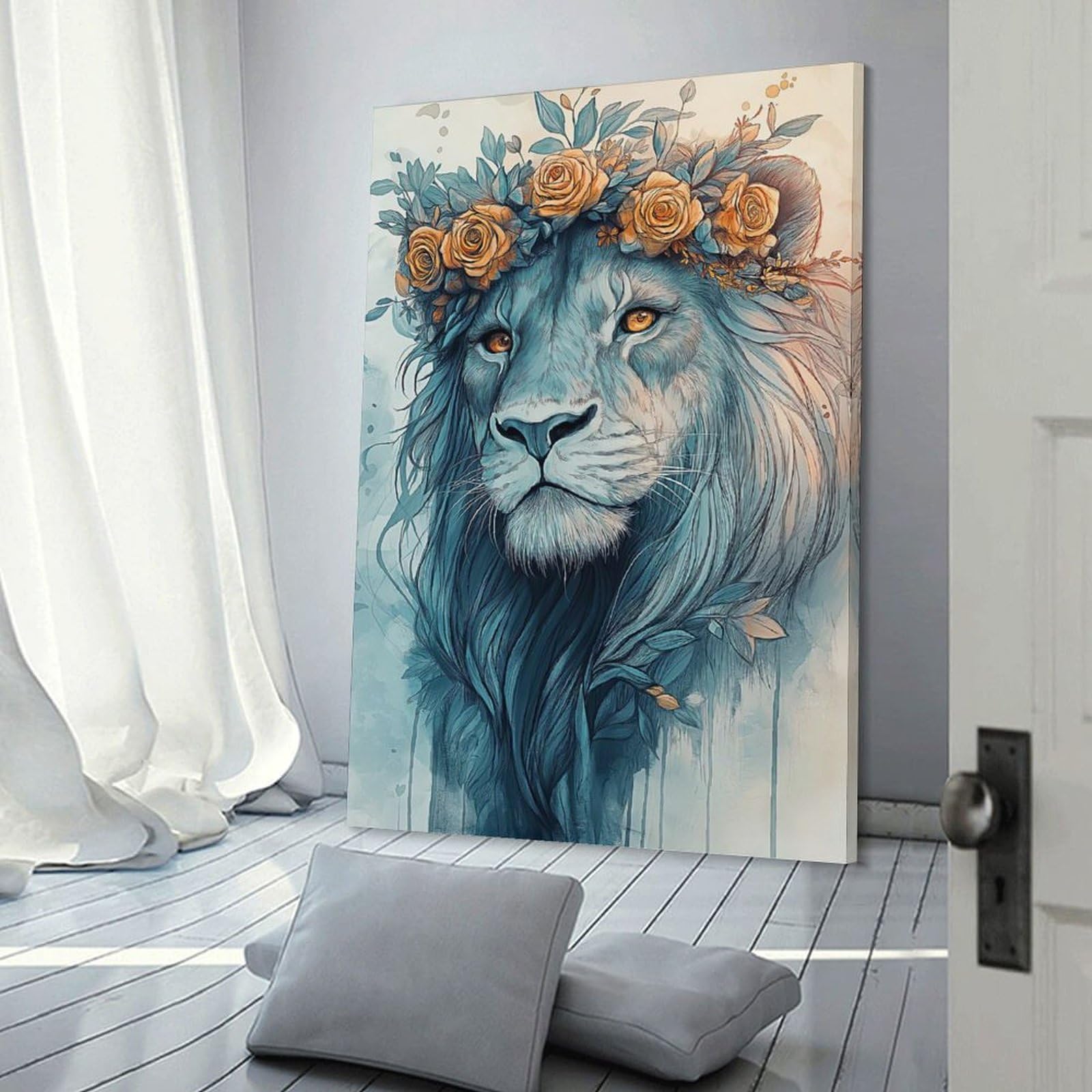 Junmoney Lion with Floral Crown Room Decor Wall Art, 20x30inch(50x75cm), for Office, Study Or Home Workspace, Decorative Artwork for Productive Spaces