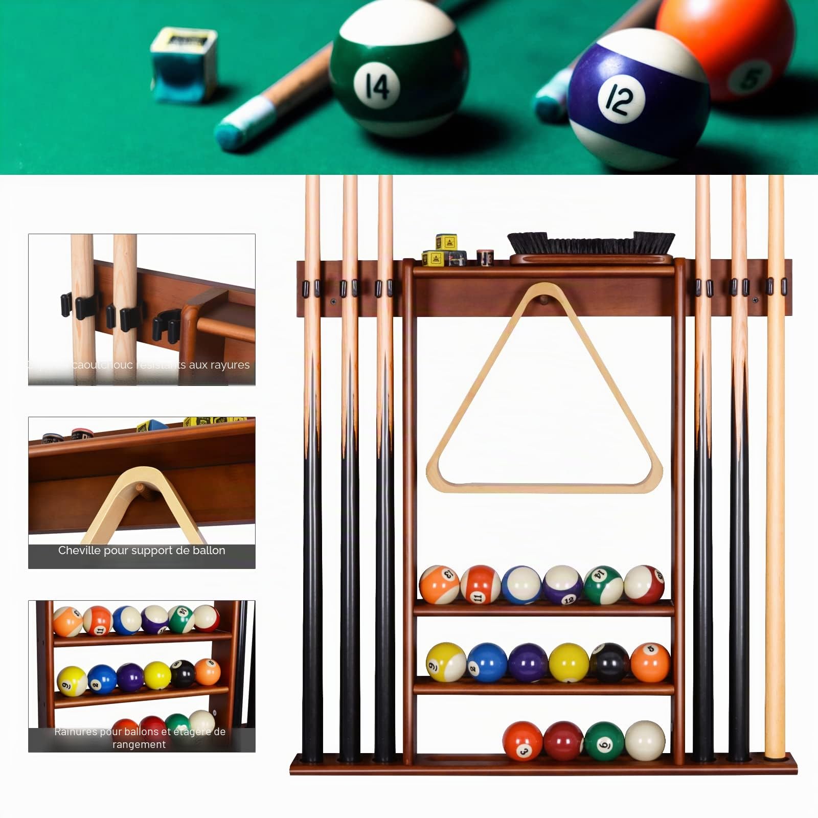 Support de Queue de Billard Mural Bois Massif 6 Trous 15 Porte-balles