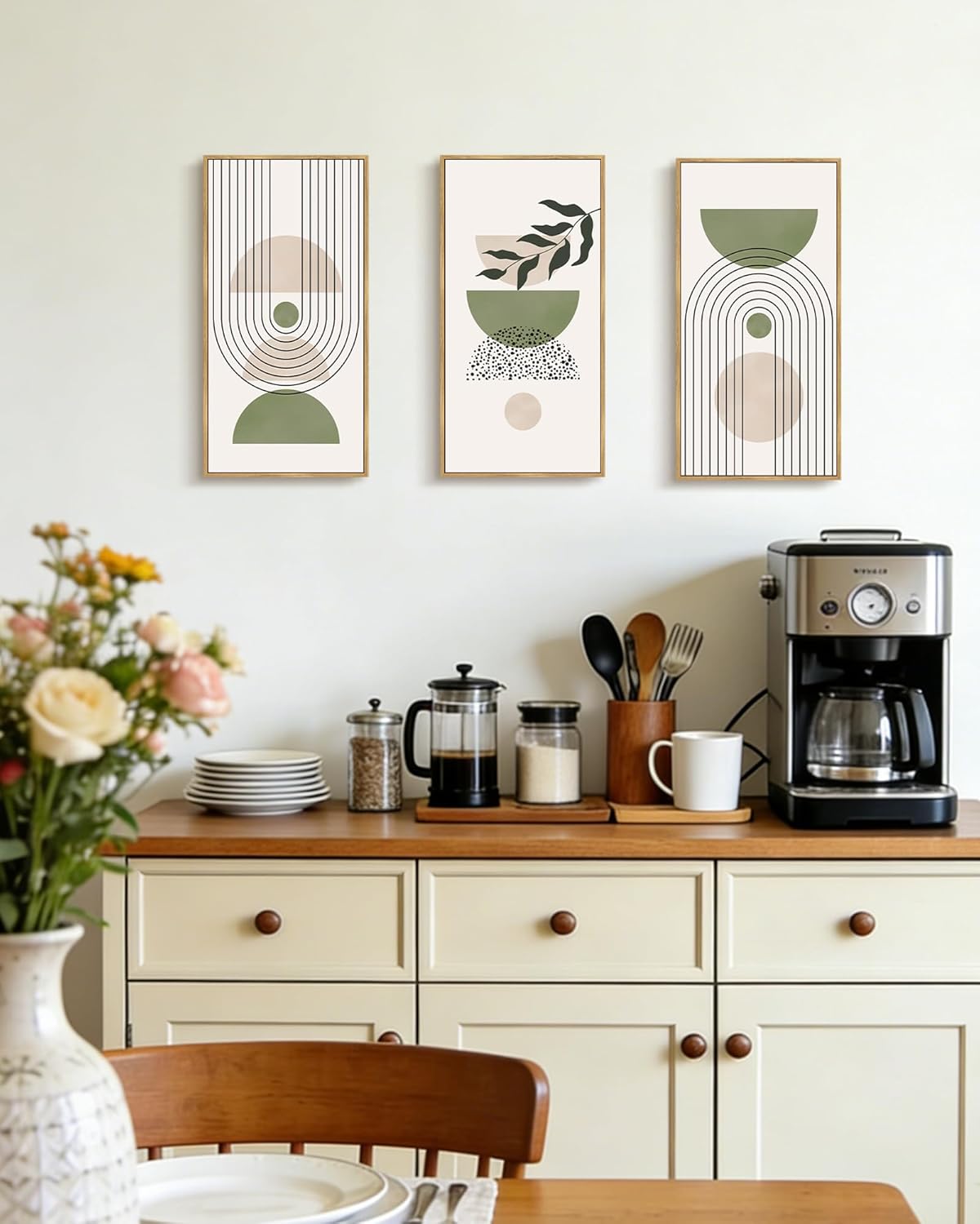 KUVIOKE Boho Wall Art Green Botanical Leaf Artwork Sage Framed Wall Decor for Bathroom 8x16in3pcs Natural Framed