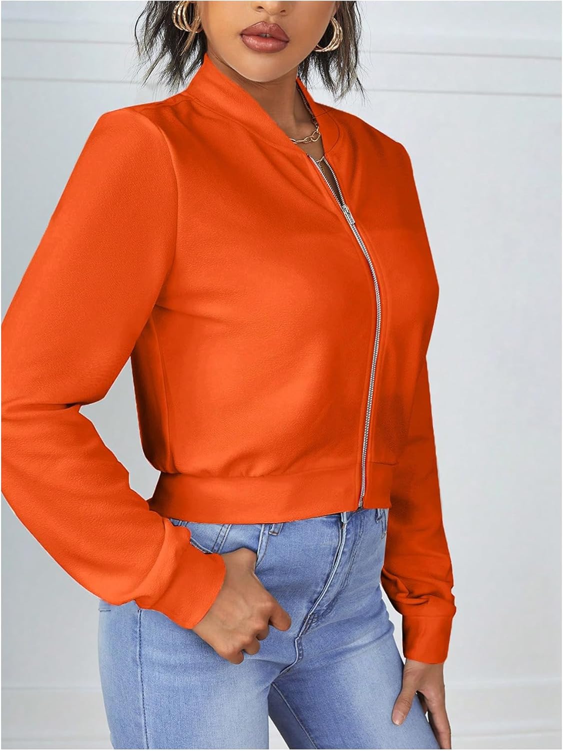 SweatyRocks Women's Casual Long Sleeve Solid Zip Up Coat Crop Bomber Jacket - Image 3