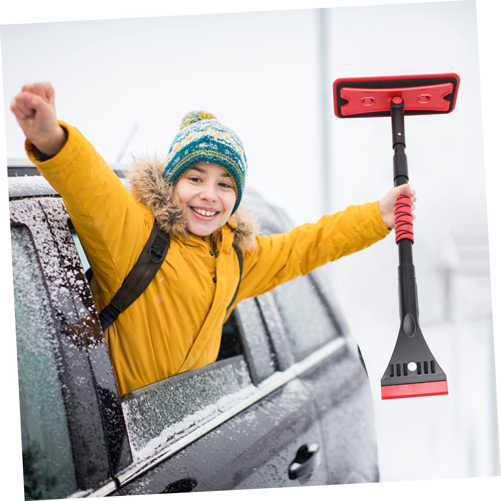 ORFOFE Grattoir À Glace Manche Extensible Balai À Neige Outil De Déneigement pour Pare-Brise Multi-usages Rouge
