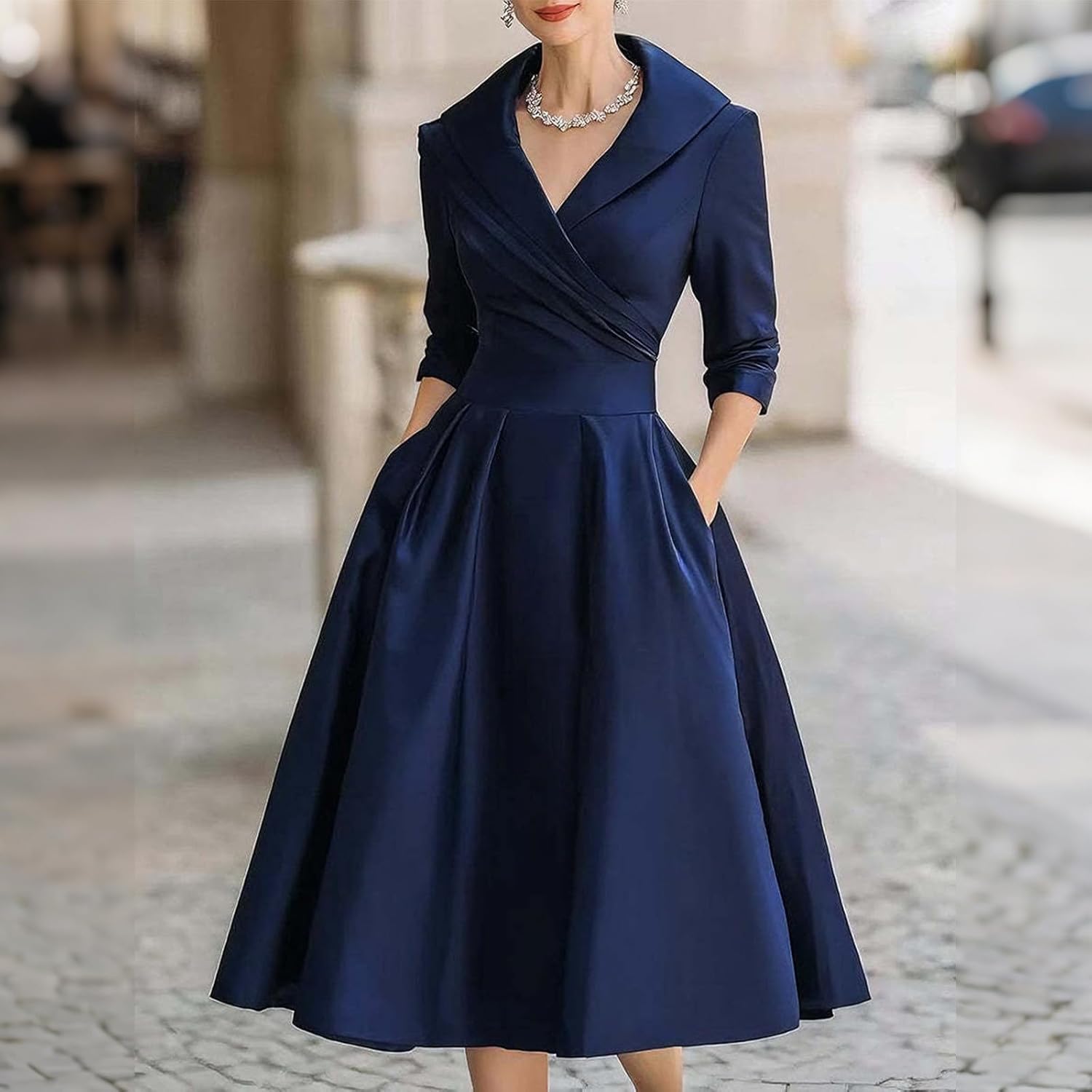 Tea Dresses for Women's Elegant Wrap V Neck Long Sleeve Swing A Line Wedding Evening Party Midi Dress with Pockets