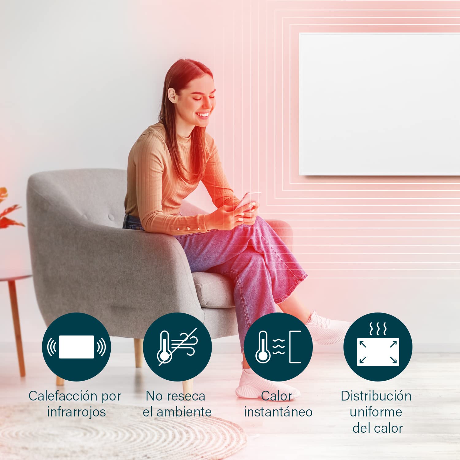 Princess 348054 Panel Calefactor por infrarrojos Smart, App gratuita, Programable con termostato integrado, Placa de cristal de carbono, 540 W