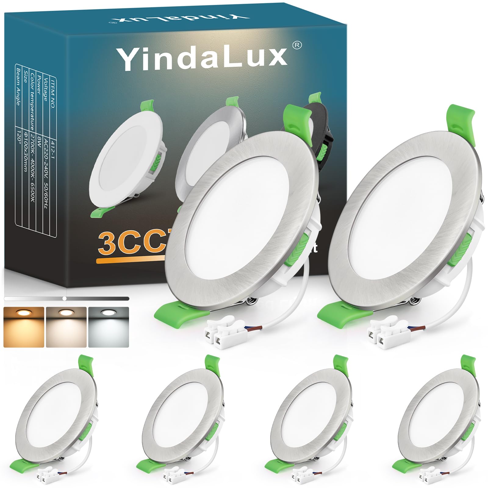 YindaLux Recessed LED Spotlight 230V Dimmable 8W 800LM – Nickel Ceiling Spot, 75-90mm Hole Size, IP44 Bathroom Recessed Lighting – Warm 2700K | Neutral 4000K | Cool 6500K (6-Piece Set)
