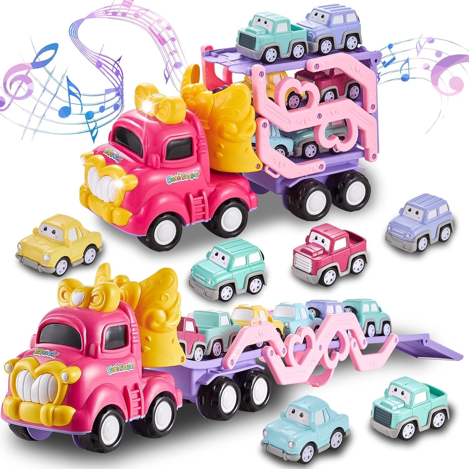Sciencow Toddler Girls Cars for 1 2 3 4 5 Year Old,7-in-1 Pink Princess Foldable Transport Carrier Trucks with Lights and Music,Birthday Presents for