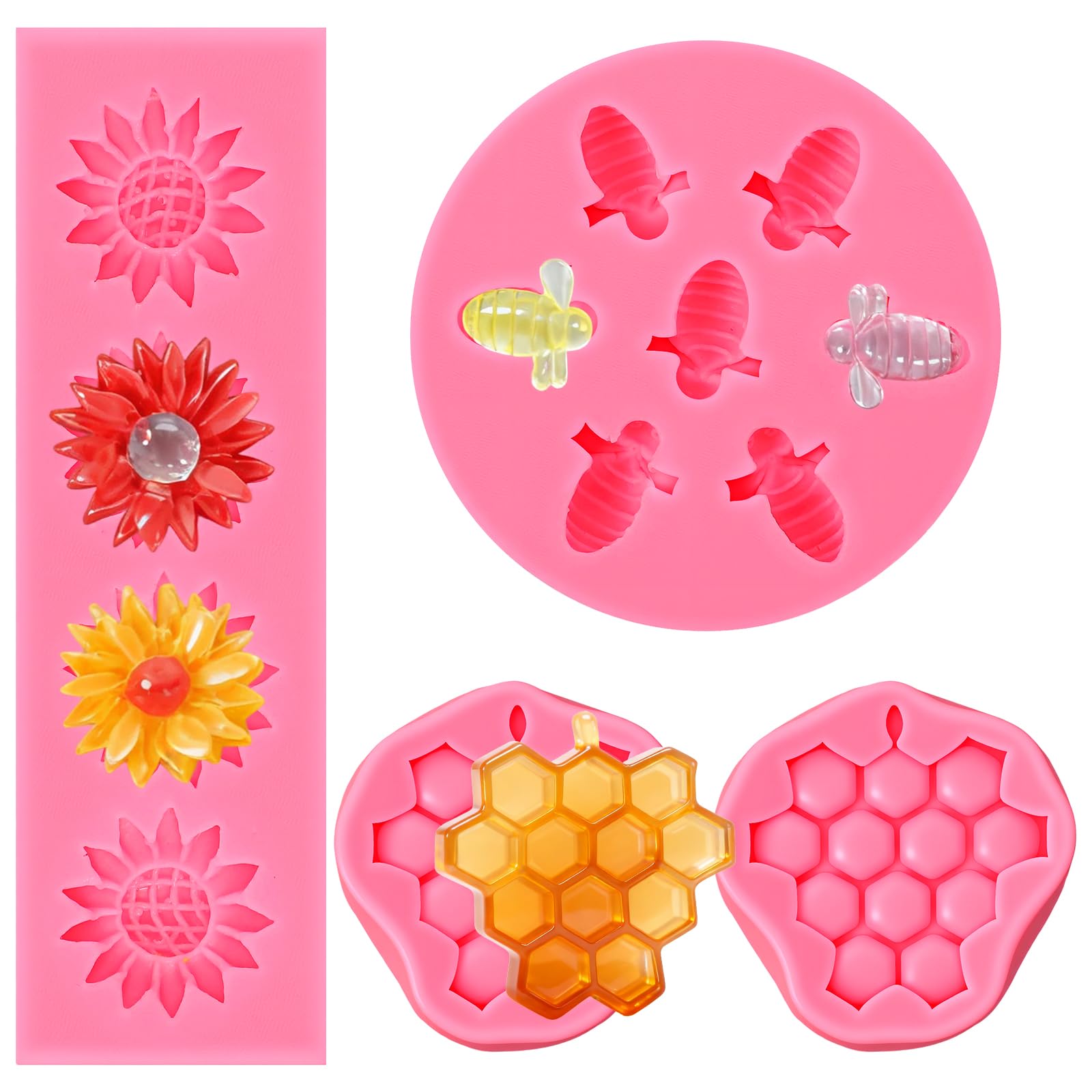 4PCS Honeycomb Mold Silicone Honey Comb Sunflower and Bumble Bee Fondant Molds Kit, Beehive Baking Chocolate Molds for Cupcake Party Wedding Cake Crafts Decorating DIY Candy Cookies Crafting(Pink)