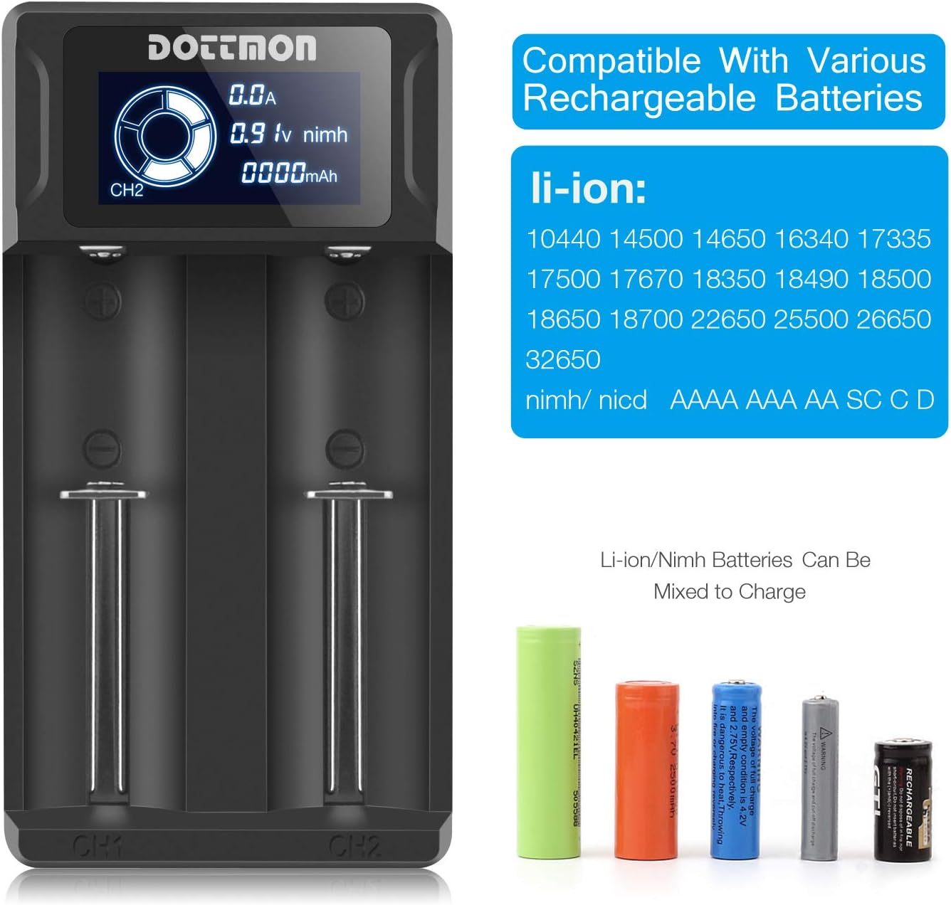 Up To 40% OFF Intelligent Dottmon LCD Display Universal Battery Charger for Rechargeable Batteries Li-ion 18650 18490 18350 17670 17500 16340(RCR123) 14500 26650 21700, Ni-MH/Ni-Cd A AA AAA SC C D Batteries