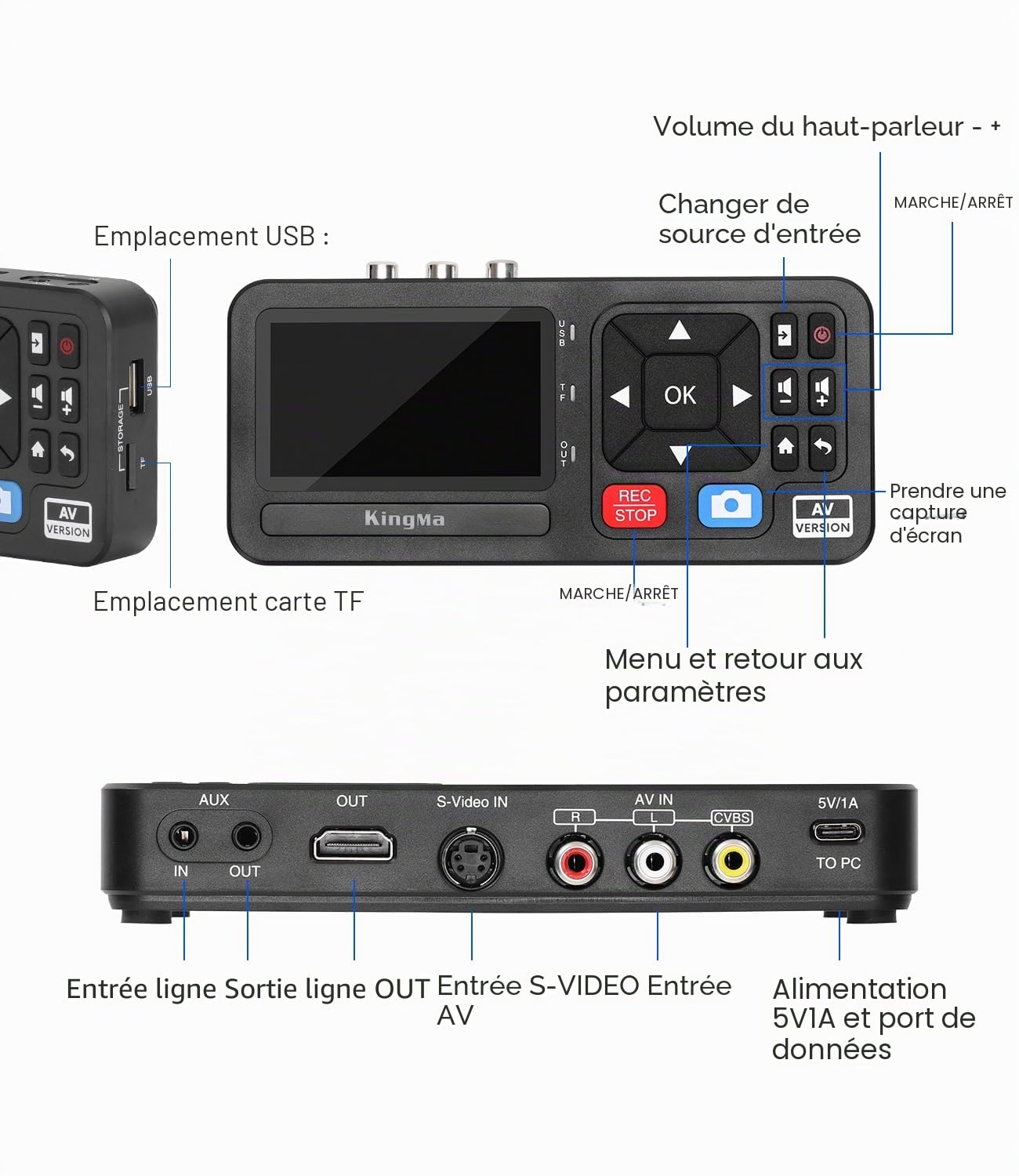 King Ma Numériseur vidéo, avec écran de 3 pouces, résolution 1080P, 30 FPS, conversion numérique de VHS, RCA, VCR, DVD, Hi8, caméras vidéo, jeux, stockage via TF/SD/USB (AV)
