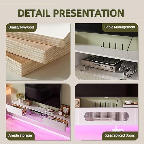 Miniatura 4 de Soporte de TV flotante, 55 pulgadas totalmente montado en la pared Hign Gloss Centro de entretenimiento con puerta abatible y cajones, estante