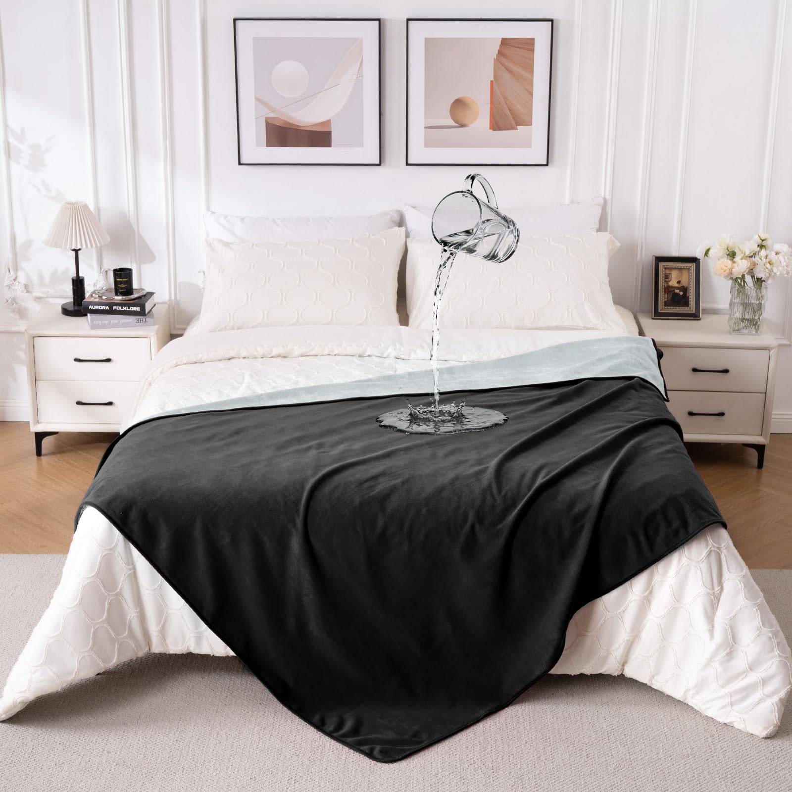 Qiyi Black/Light Grey Waterproof Blanket For Bed Couch Sofa, Washable Reversible Throw King Size, Leakproof Spill-Proof Mattress & Furniture Protector For Pets Dogs Cats, 150X200cm,