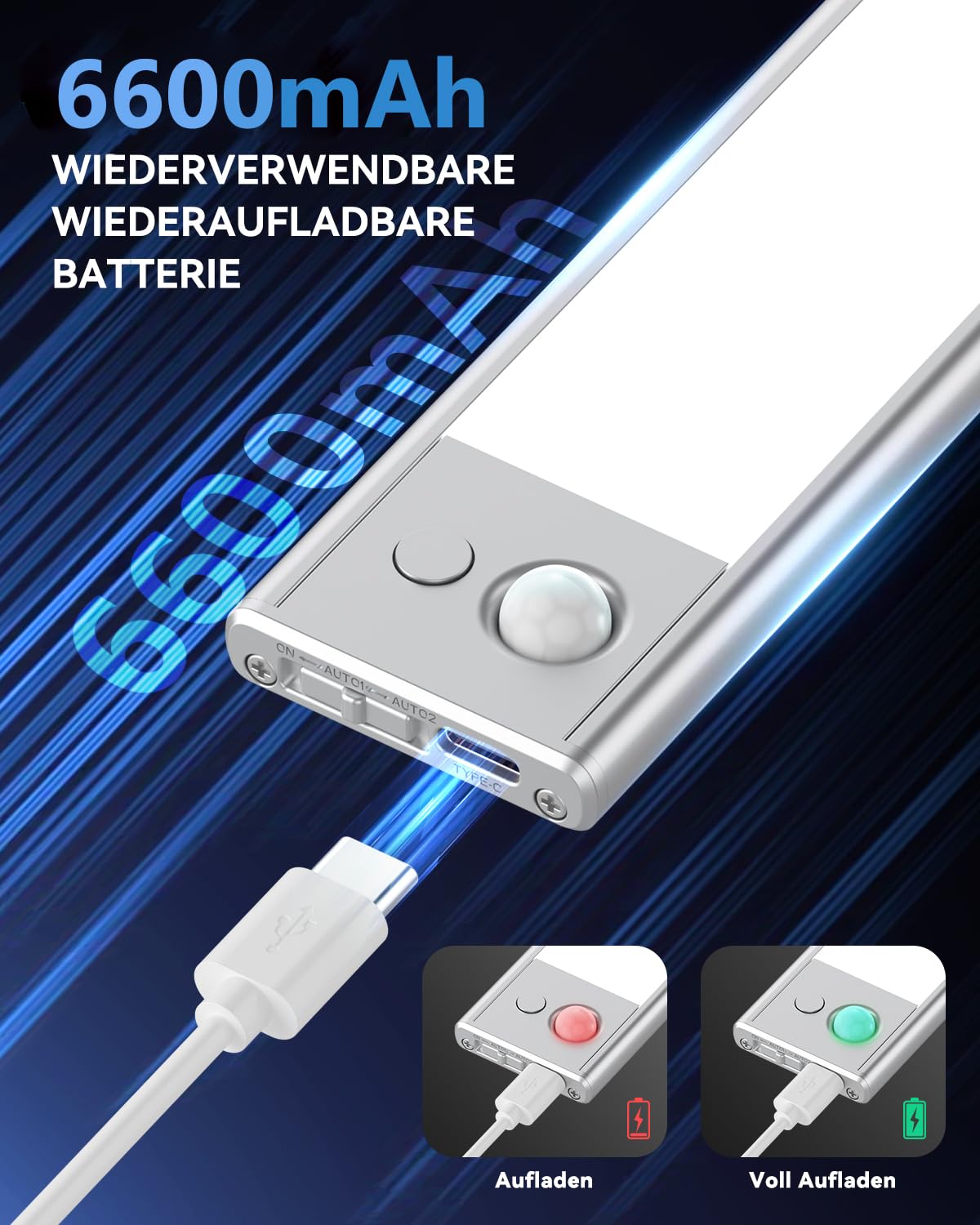 296 LED Unterbauleuchte Küche Dimmbar, 80CM Lichtleiste Schrankbeleuchtung mit Bewegungsmelder, 6600mAh wiederaufladbar Lampe Beleuchtung, 3 Farbmodi 2700-6500K magnetische leiste für Schränke
