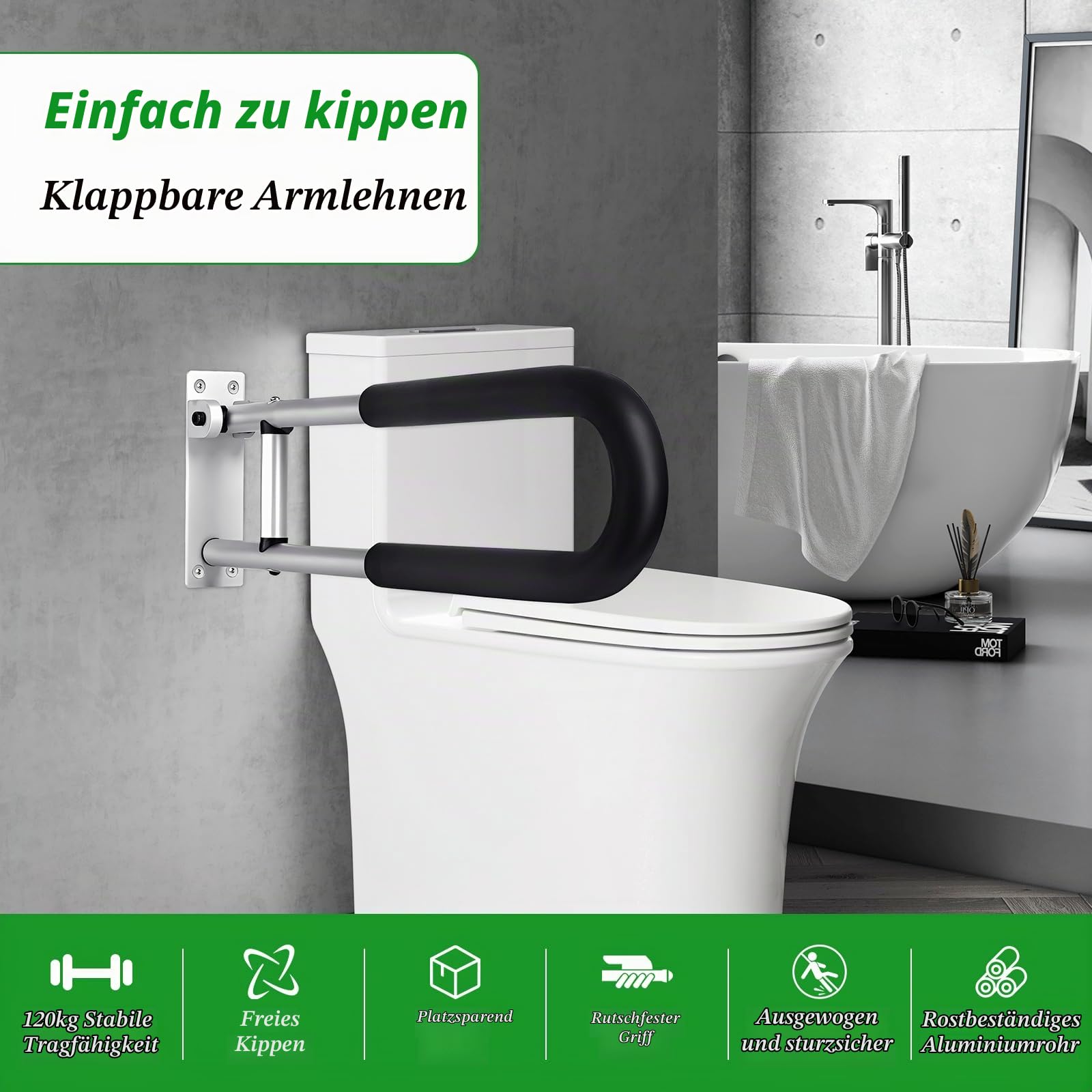 Haltegriff für Senioren, Klappbar Aufstehhilfe Toilette für Senioren | Behinderten WC Haltegriff 60CM, Rutschfest Handläufe für Die Toilettenpflege, Toilettenhaltegriff mit Tragfähigkeit 120KG