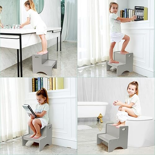 Miniatura 3 de HAJACK Taburetes para niños, taburete gris para niños pequeños, taburete de madera de dos escalones con alfombrillas antideslizantes de seguridad