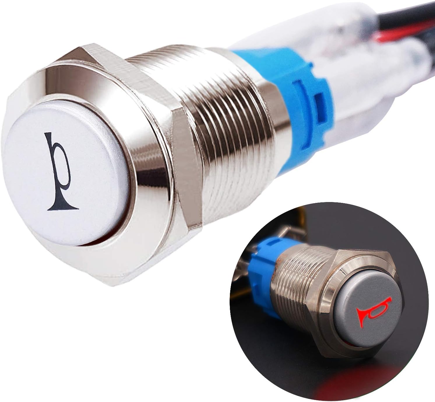 Twidec/19MM Raised Speaker Horn Momentary Push Button Switch 3/4" Mounting Hole 12V Red Led Light Silver Stainless Steel Shell 1NO 1NC SPDT with Pre-Wiring Wires Switch for Car Modification G19LB-R