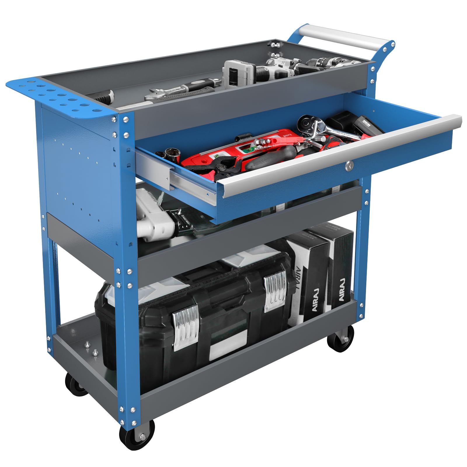 Carrello Porta Attrezzi con Ruote a Tre Livelli AIRAJ,Carrello Officina con Cassetti,Carrello Attrezzi Adatto per Garage, Officine, Magazzini e Officine,Carrello da Officina,Blu