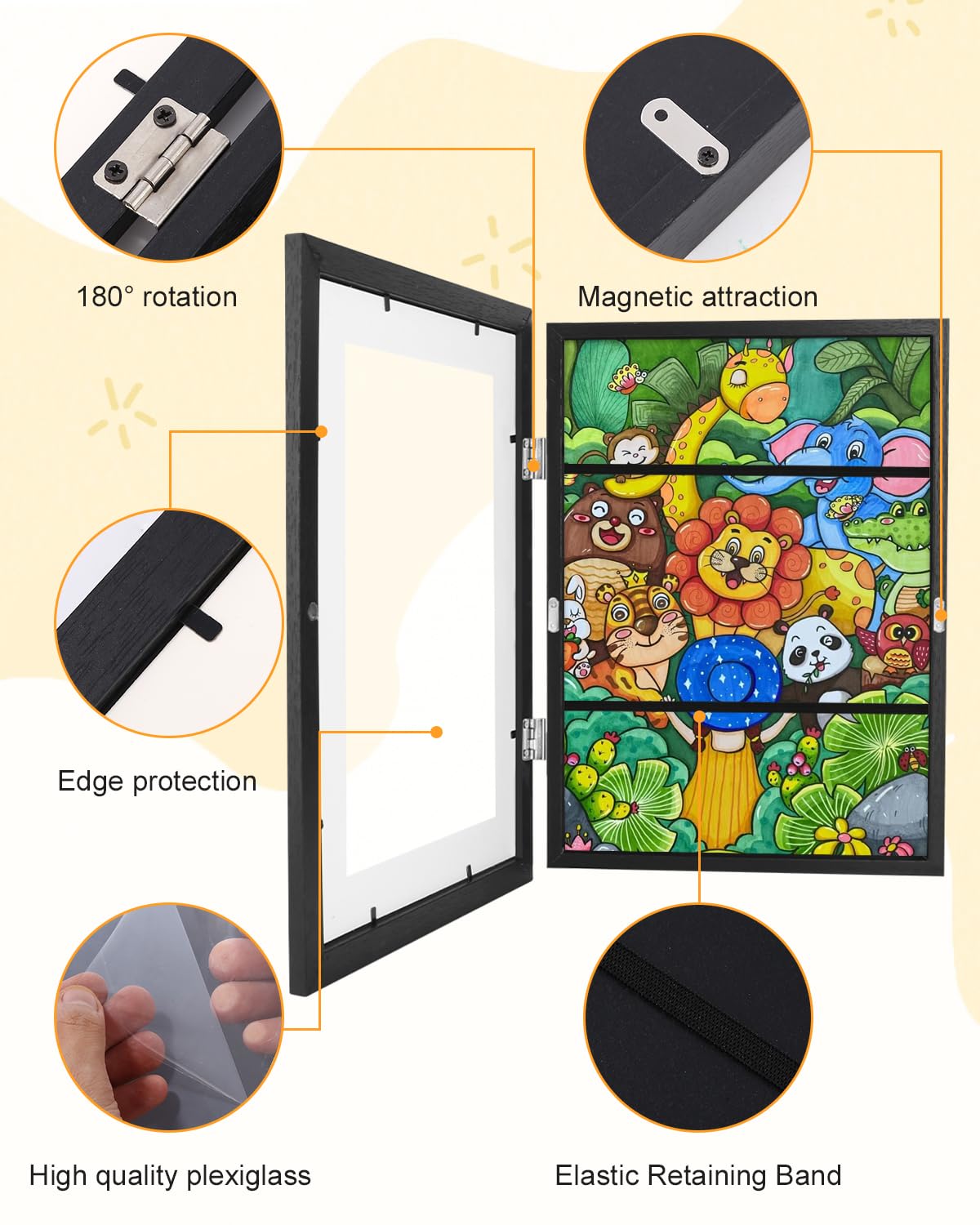 LEAZZLE Cornici artistiche per Bambini da 2 Pezzi,Cornici per Disegni per Bambini A4 Cornice d'Arte per Bambini con Apertura Frontale,punti metallici antitraccia (nero)