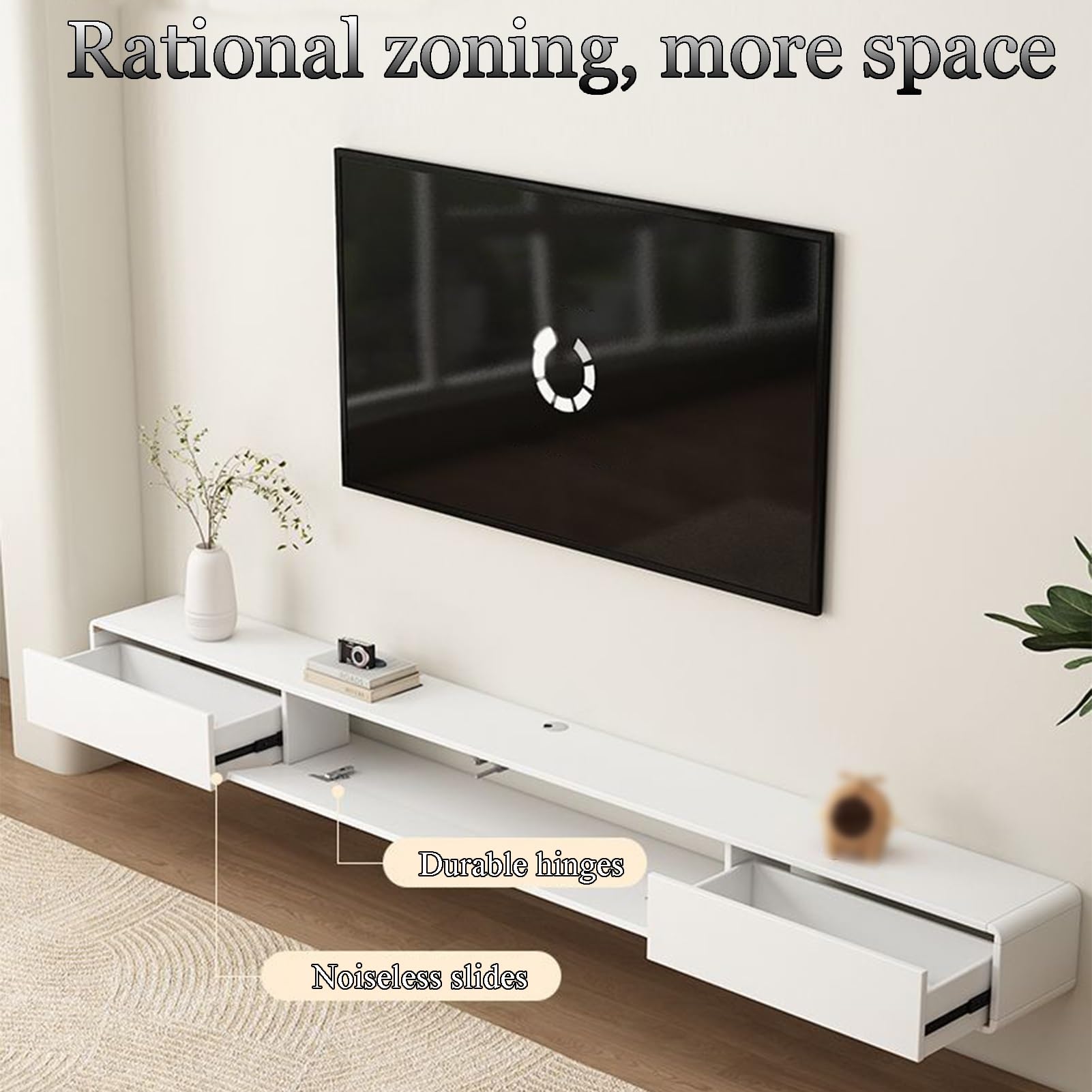 Minimalistyczny pływający stojak na telewizor do salonu z suszarką i drzwiami Stora pasuje do różnych rozmiarów telewizora (biały 240 cm/94,4 cala) - nowoczesne domowe rozwiązanie futrzane