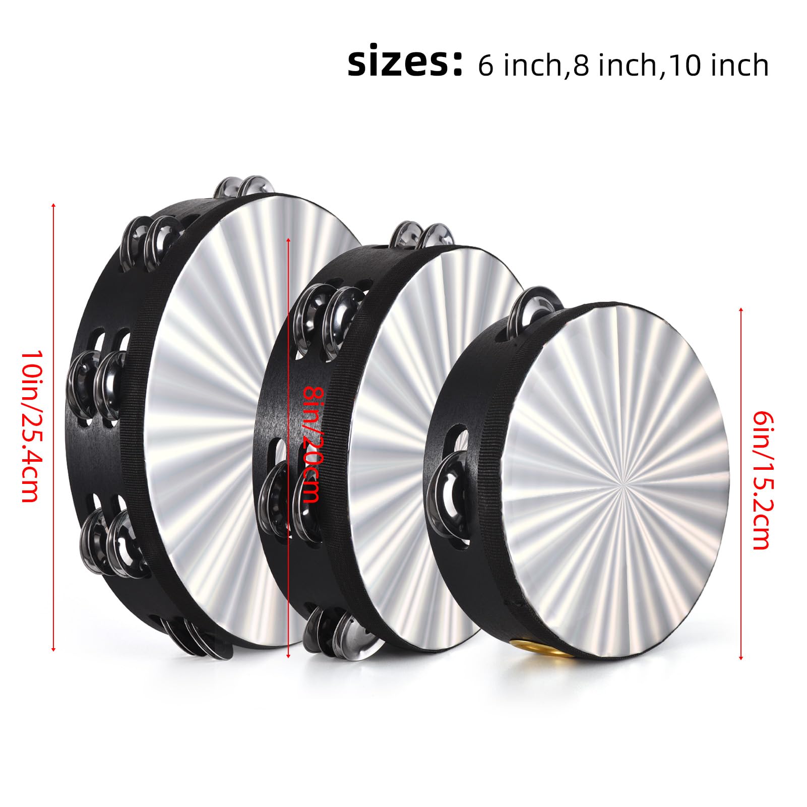3 Pack Tambourine for Adults, 6/8 / 10 inch Metal Jingles Hand Held Percussion Tambourine Pleasant Jingle Sound Bell Rings for Home, School, KTV, Party