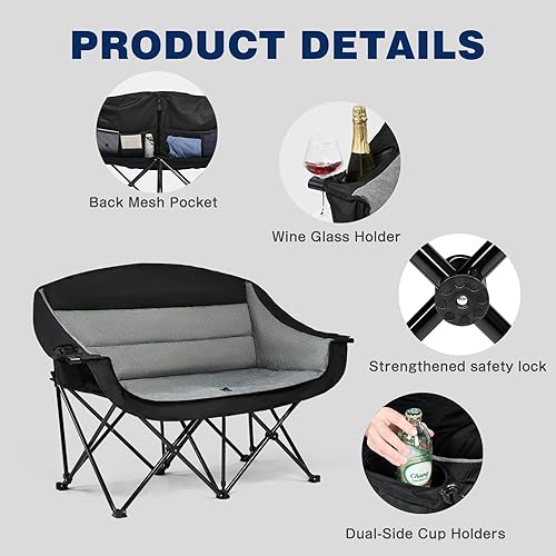 Miniatura 7 de apollo walker Silla de camping doble  Sofá de campamento resistente de 600 libras con soporte doble para tazas y bolsa de transporte, silla de