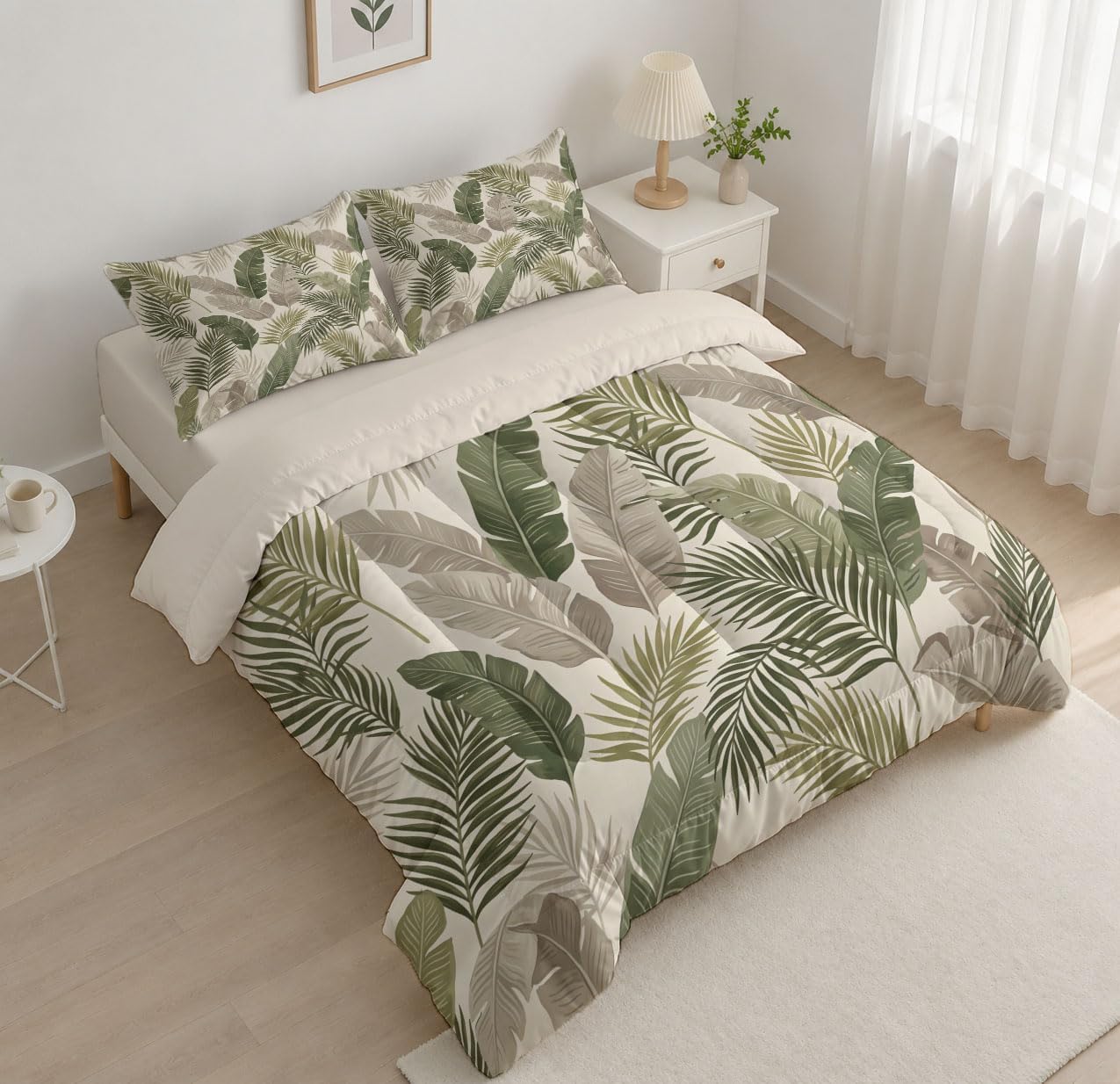 Tropical Plants Quilt Set King 3 Pieces, Green Quilts Bedding Set Palm Leaves and Banana Leaves Bedspread Bed Cover Lightweight Spring Summer Beds Coverlet for All Season - 104"X90"