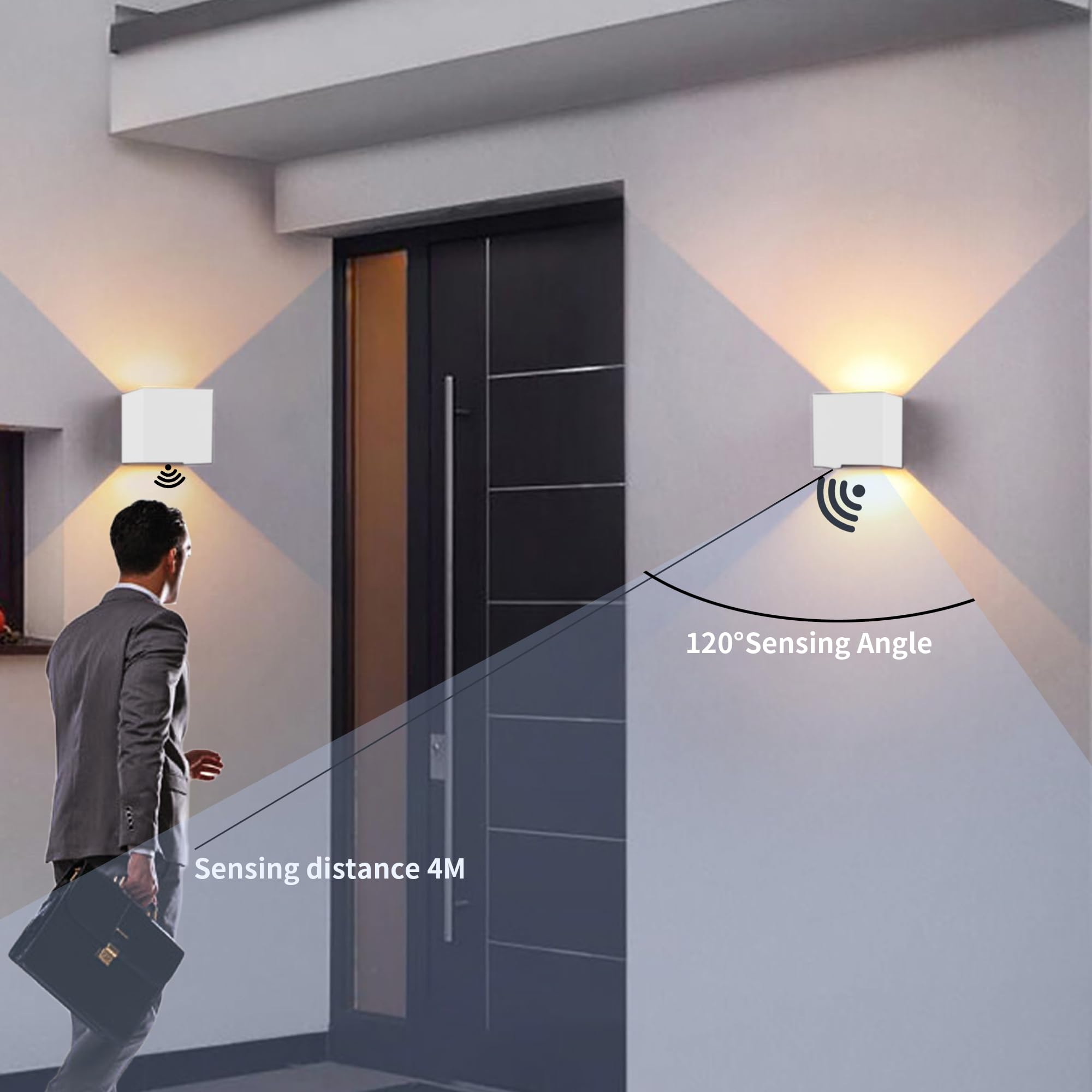KarlpaSW PIR Up Down Outside Lights 2pack,12W Outdoor Wall Lights with Sensor Mains Powered Dawn to Dusk,3000K IP65 White Cube LED Wall Lamp for Side Door,Hallway,Garden - Image 2