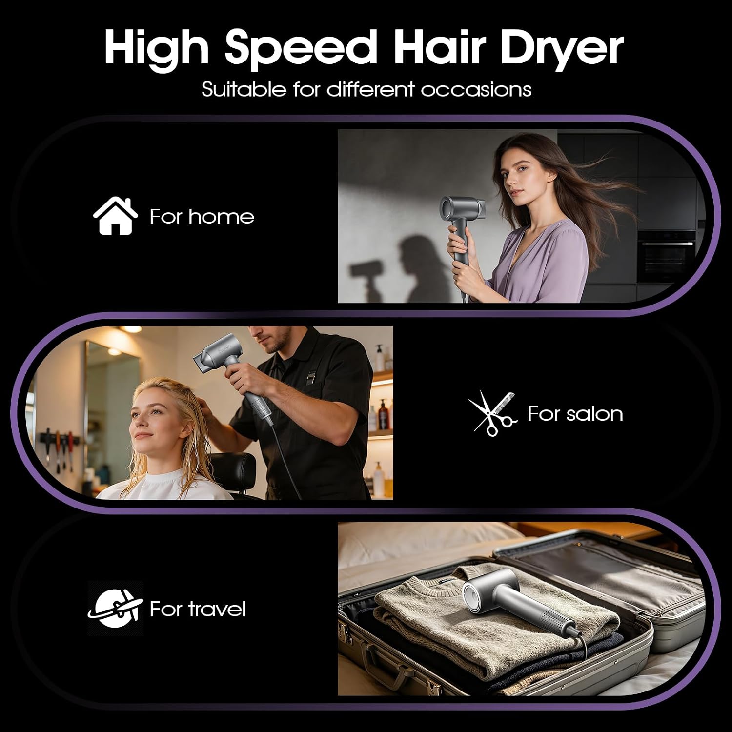 High-Speed Hair Dryer, 160,000 RPM Brushless Motor Blow Dryer with Magnetic Diffuser & Concentrator, Ionic Fast Drying, No Heat Damage, Low Noise Lightweight Hairdryer for Curly Hair, Home Travel