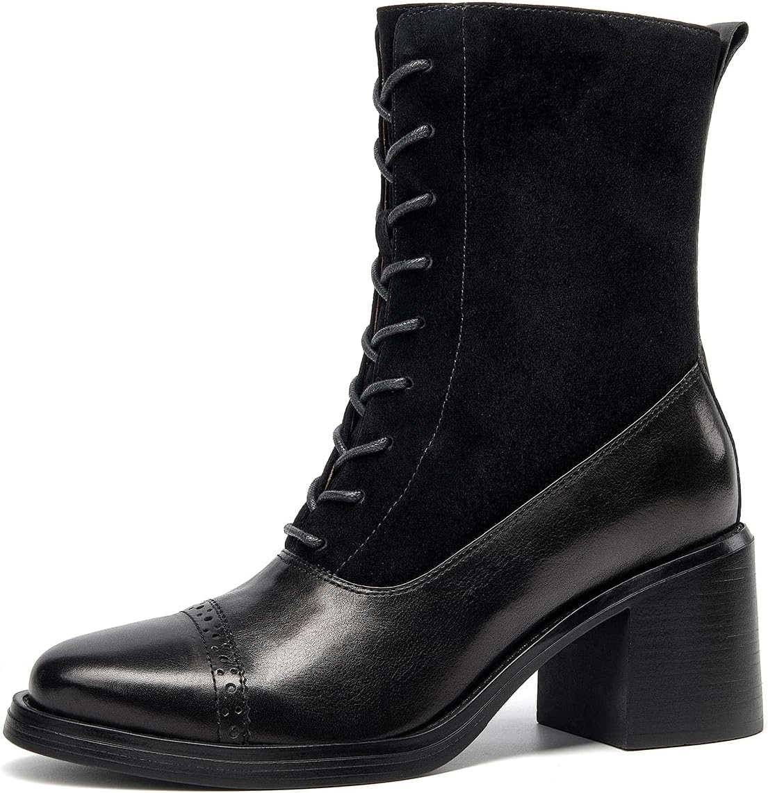 BEAU TODAY Combat Boots Womens Chunky Heel, Leather Suede Ankle Boots for Women, Lace Up Victorian Booties with Side Zipper Dress Brogue Shoes