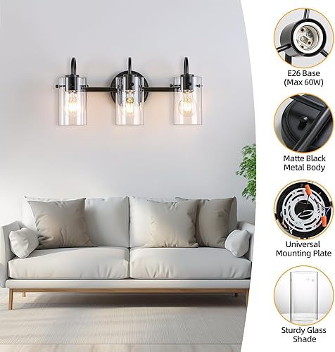 Miniatura 3 de 3 luces de tocador, lámparas de pared de baño negro mate sobre el espejo, aplique de pared moderno con pantalla de vidrio transparente, lámpara de