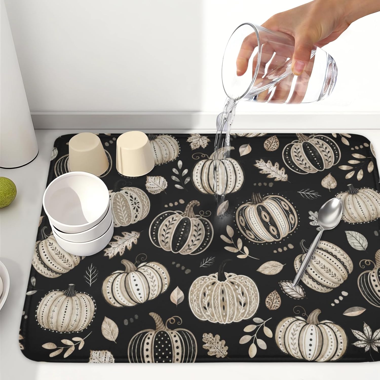 Fall Pumpkins Dish Drying Mat 18x24 Polka Dot White Pumpkins Foliage Waterproof Thanksgiving Black Dish Drainer Mat Leaves for Kitchen Coffee Bar Sinks Outdoor Use Keeping Dry Holiday Decoration
