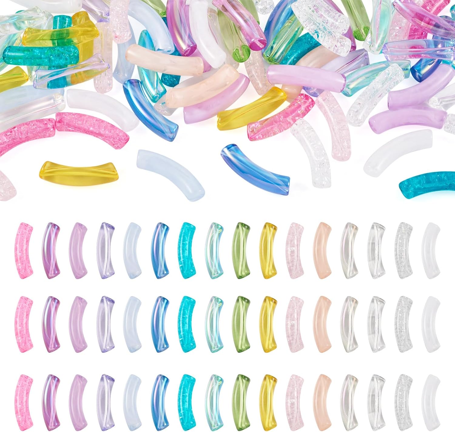 42pcs Bamboo Curved Tube Acrylic Bead Opaque Colorful Tube Noodle Bead with Golden Disc Spacer Beads & Elastic Crystal String for DIY Stacking Chunky Bangle Bracelet Making Kit