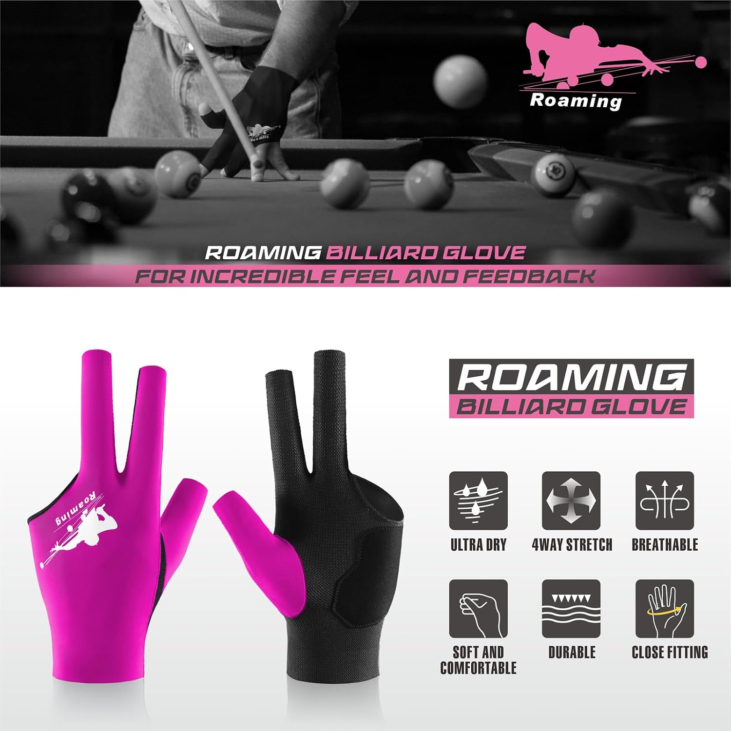 Roaming Billiard Shooters Carom Pool Snooker Cue Sport Glove Fits on Left or Right Hand for Men Women
