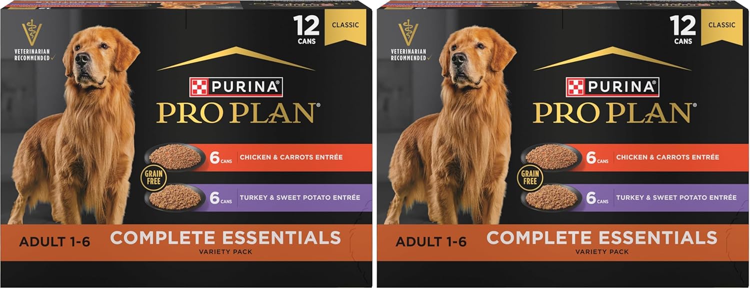 Purina Pro Plan Wet Dog Food Grain Free Complete Essentials Variety Pack,Chicken and Carrots and Turkey-and Sweet Potato Entrees - 13 oz. Cans,(Pack of 24)