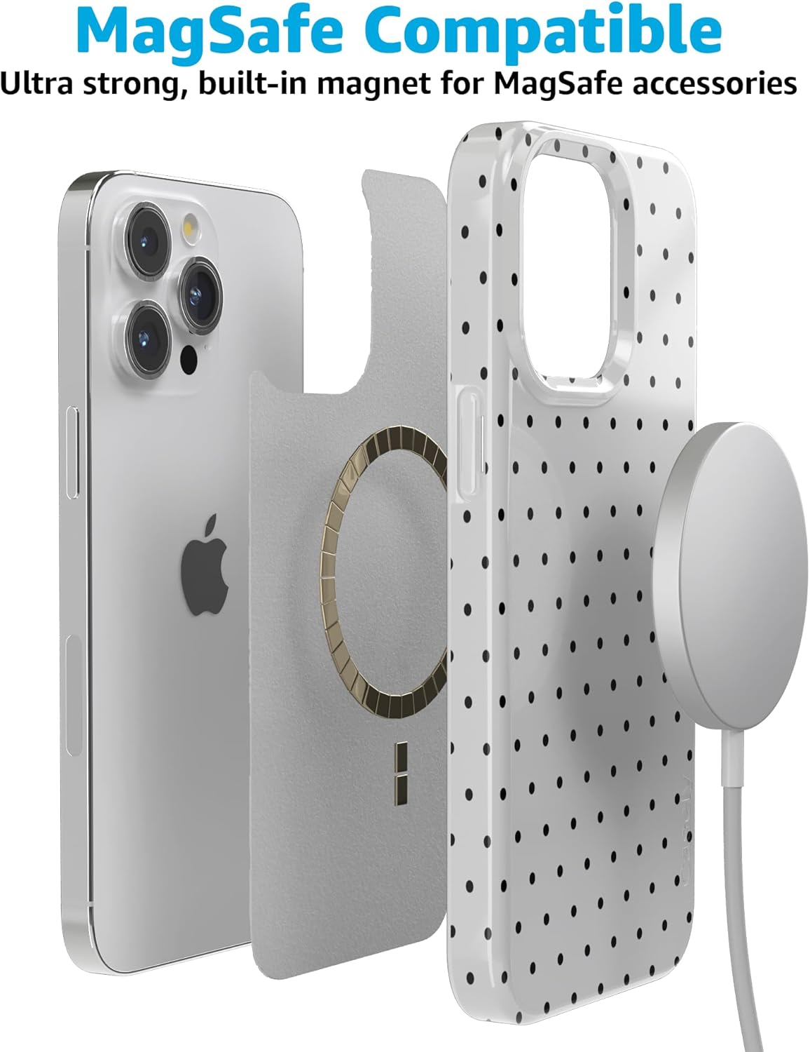 Casely iPhone 15 Pro Case | On the Dot | White Polka Dot | Compatible with MagSafe | Classic Ultra Slim Design