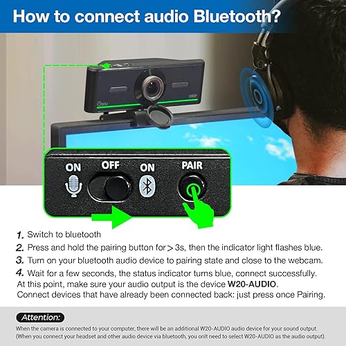 Miniatura 8 de Gsou Cámara web Bluetooth, conexión inalámbrica Bluetooth, auriculares, altavoces, altavoces, cámara web de transmisión para Zoom reuniones Skype