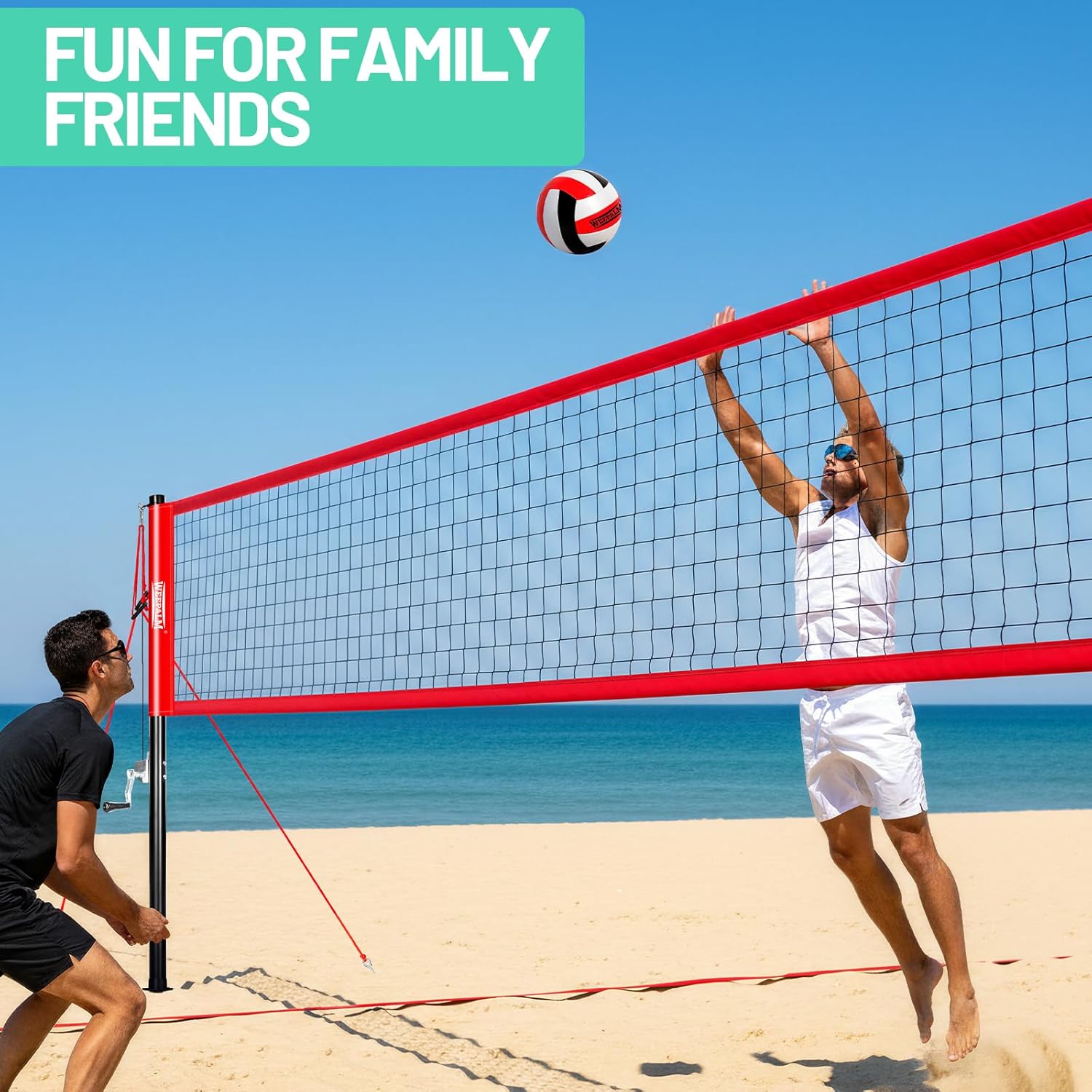 Portable Volleyball Net Set, 32FT Outdoor Volleyball Net for Backyard & Beach, Adjustable Height Volleyball Net with Anti-Sag Winch, Complete Volleyball Set with Ball & Accessories